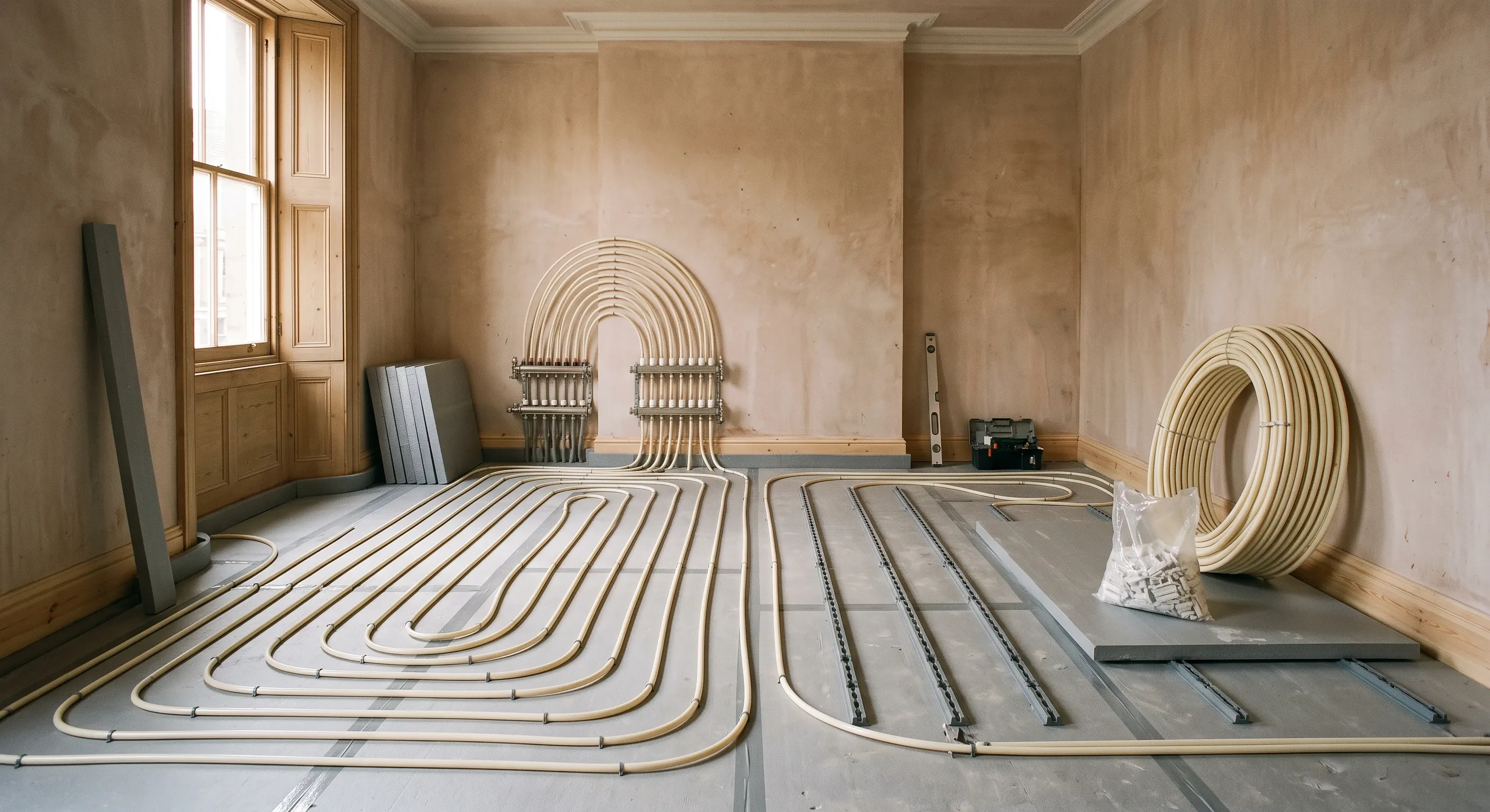 Underfloor heating pipe clipped in neat runs across taped insulation boards with a wall mounted manifold behind.