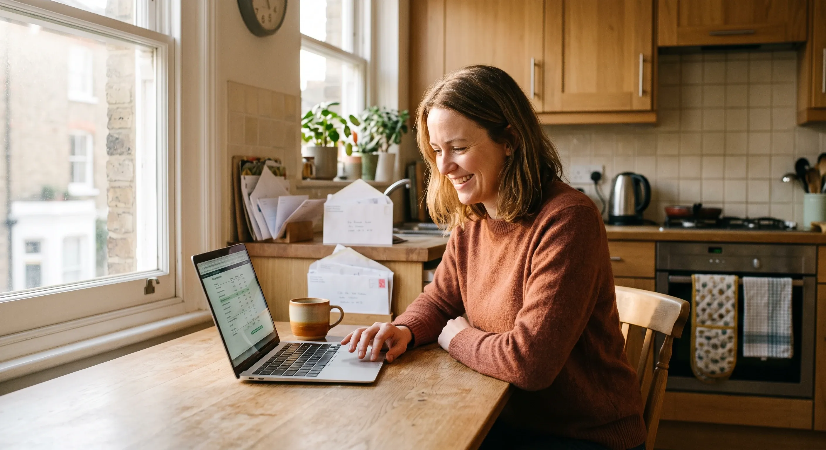 A homeowner looking at a renovation estimate on a laptop at their kitchen table.