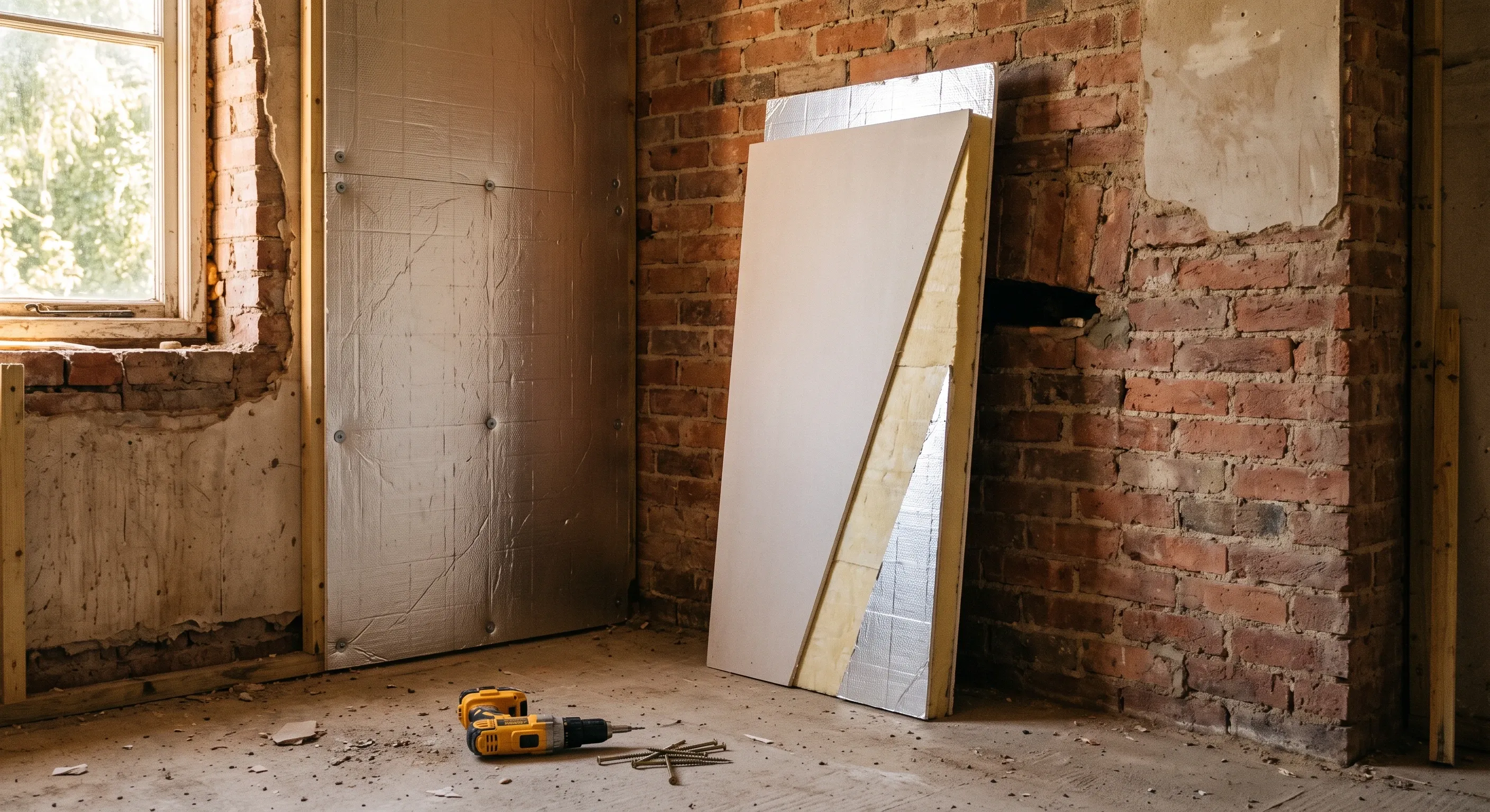 A cut sheet of insulated plasterboard laminate against a solid brick wall, showing the insulation thickness at the cut edge.