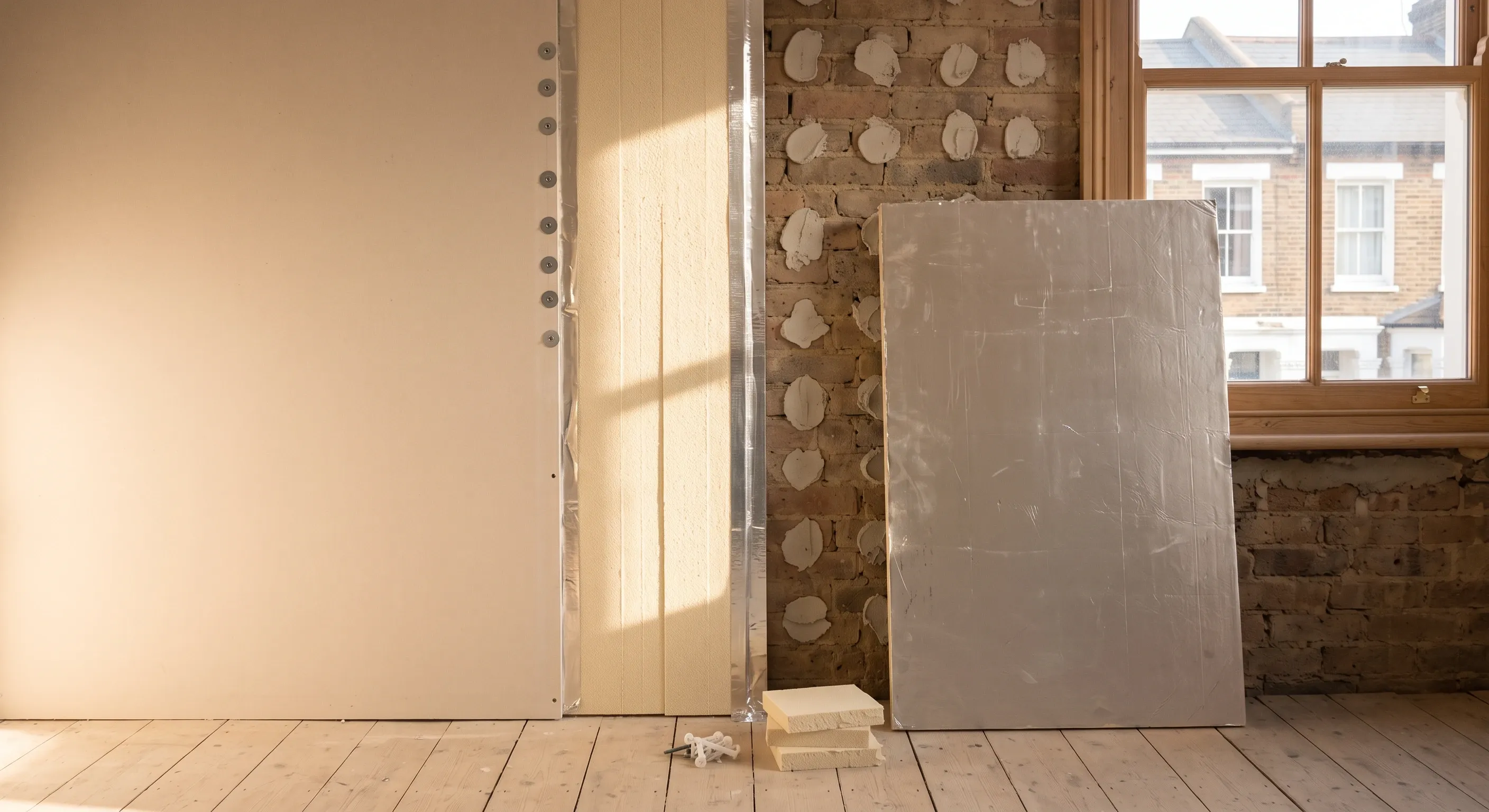 Insulated plasterboard fixed to a solid terrace wall with the insulation thickness visible at the cut edge and a second board waiting to go on.