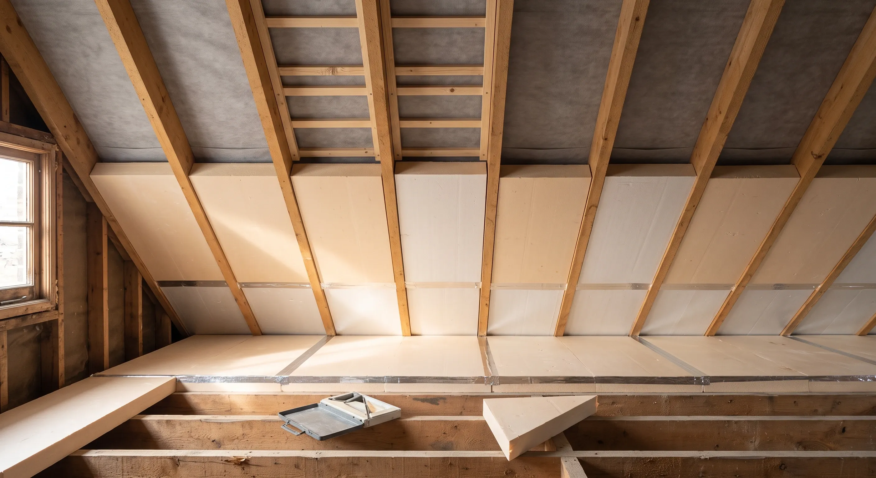 Rigid insulation boards fitted between roof rafters with a ventilation gap above and new battens visible through an open bay.