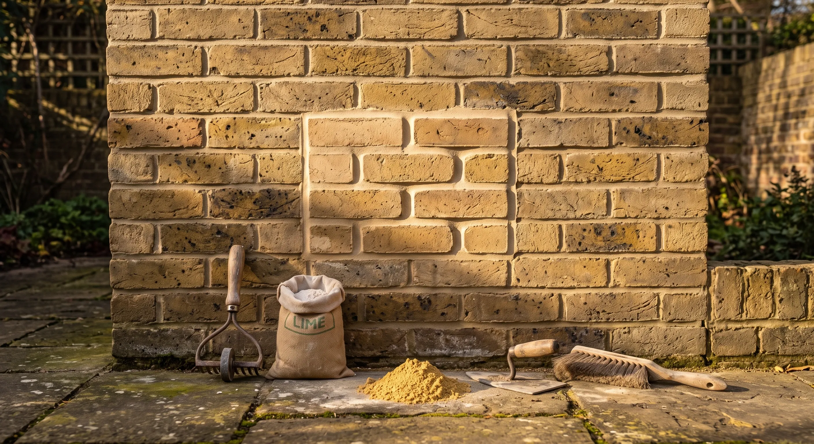 Three trial mortar joint profiles pointed side by side on a stock brick wall above a rake, lime sack, sand heap and pointing iron on the paving.
