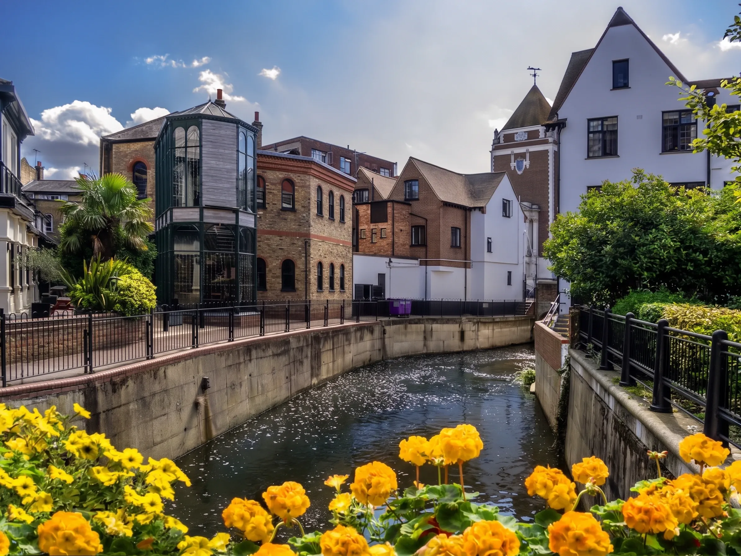 A channelled river running between brick and white-rendered buildings in Kingston upon Thames, with a glazed octagonal extension on the left and yellow geraniums in the foreground.