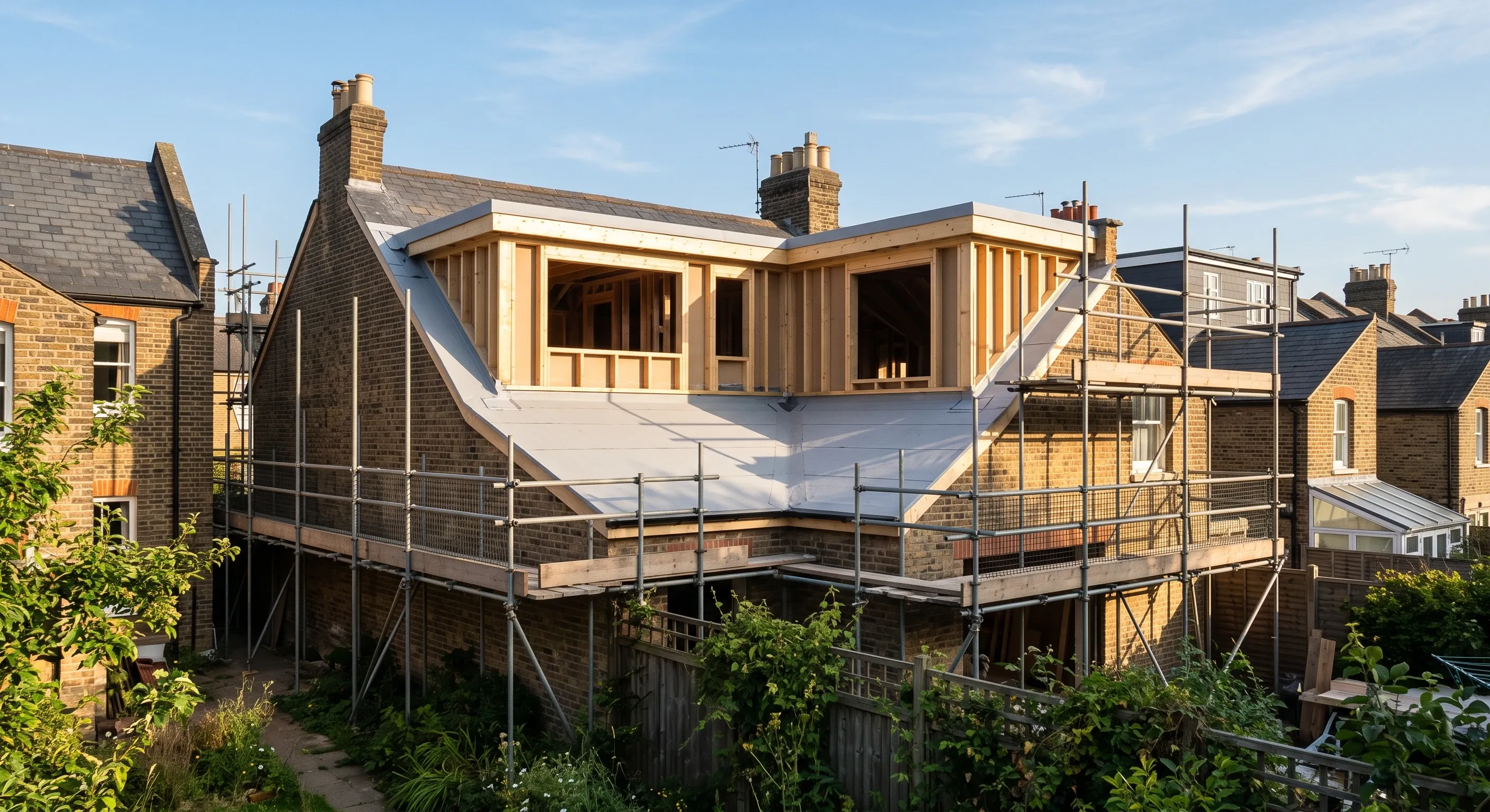 An L-shaped dormer under construction on the rear of a terrace, with the return over the back addition.