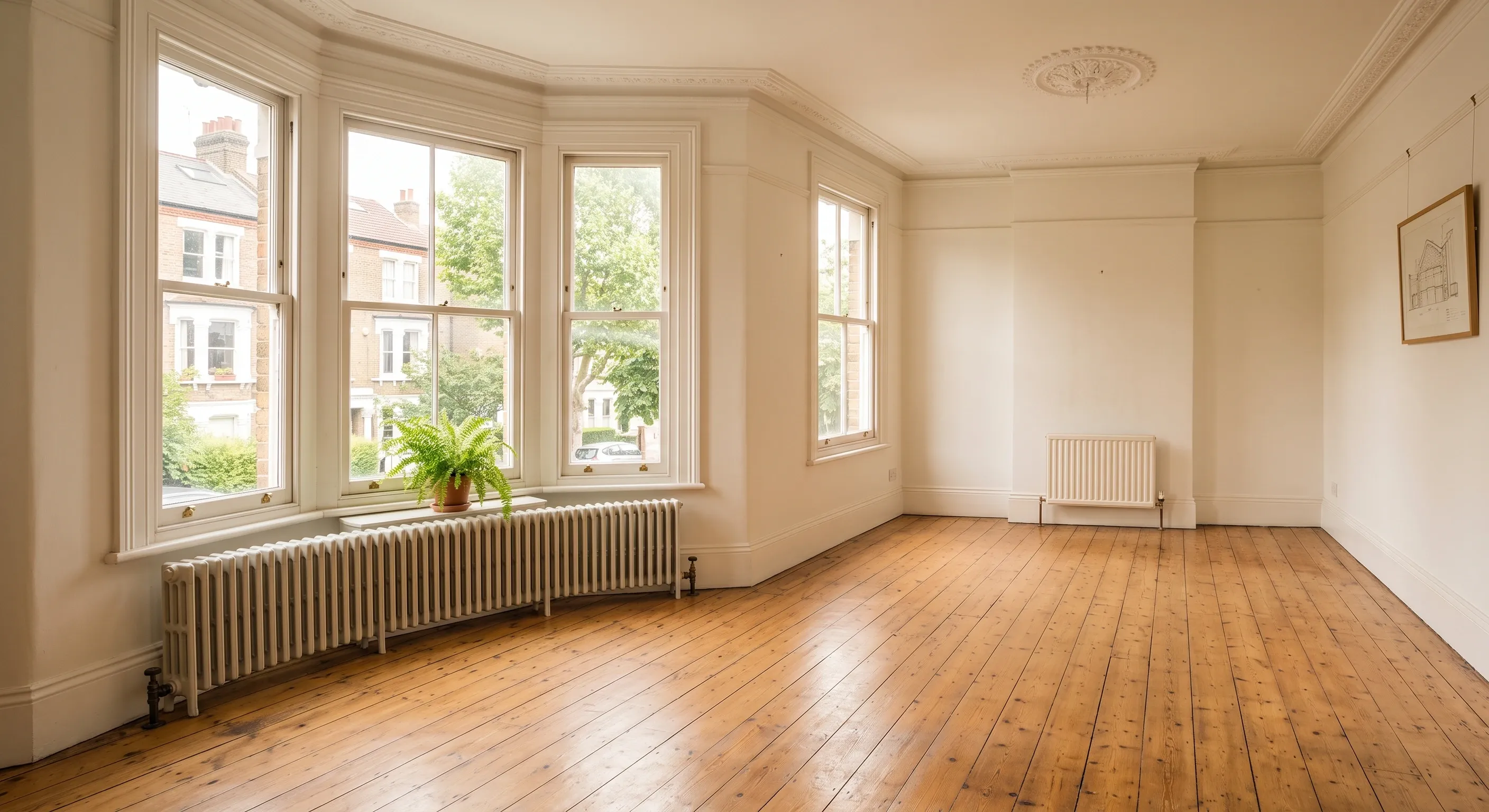 A long double-panel radiator under a bay window and a much smaller single-panel radiator on the far wall of the same tall room.