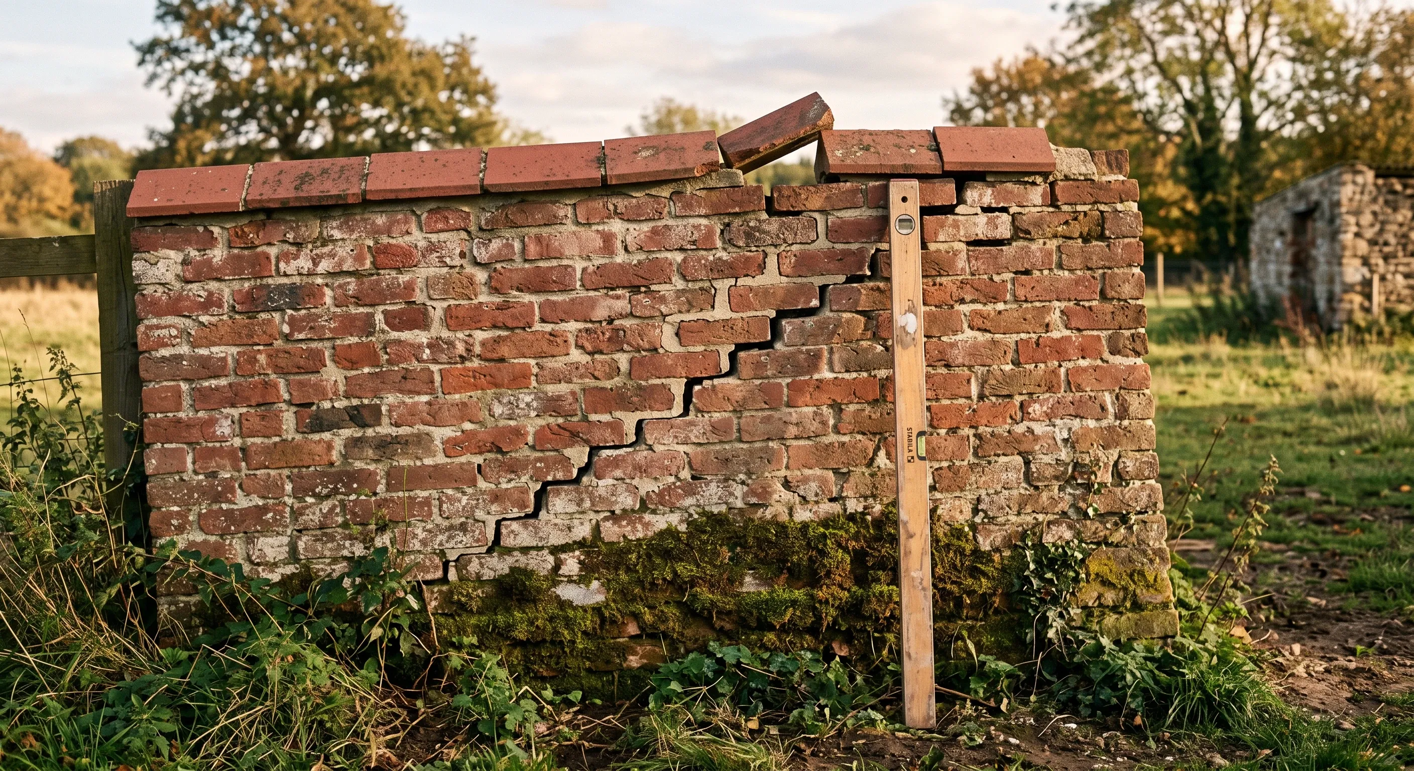 A leaning brick boundary wall with stepped cracking running through the mortar joints.