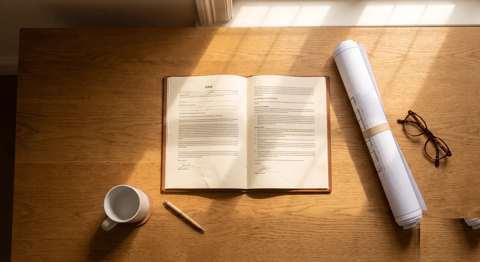 An open lease document on an oak table beside a rolled plan, reading glasses and a mug.
