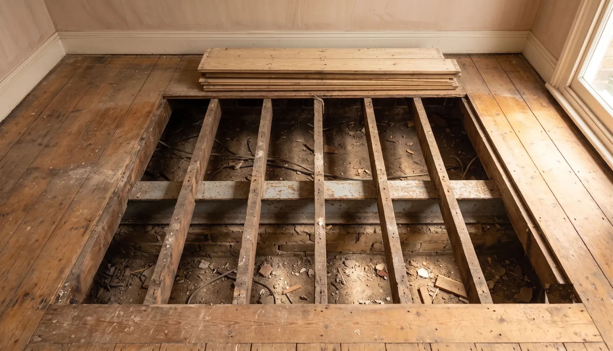 Lifted floorboards revealing floor joists and a steel beam in the void below
