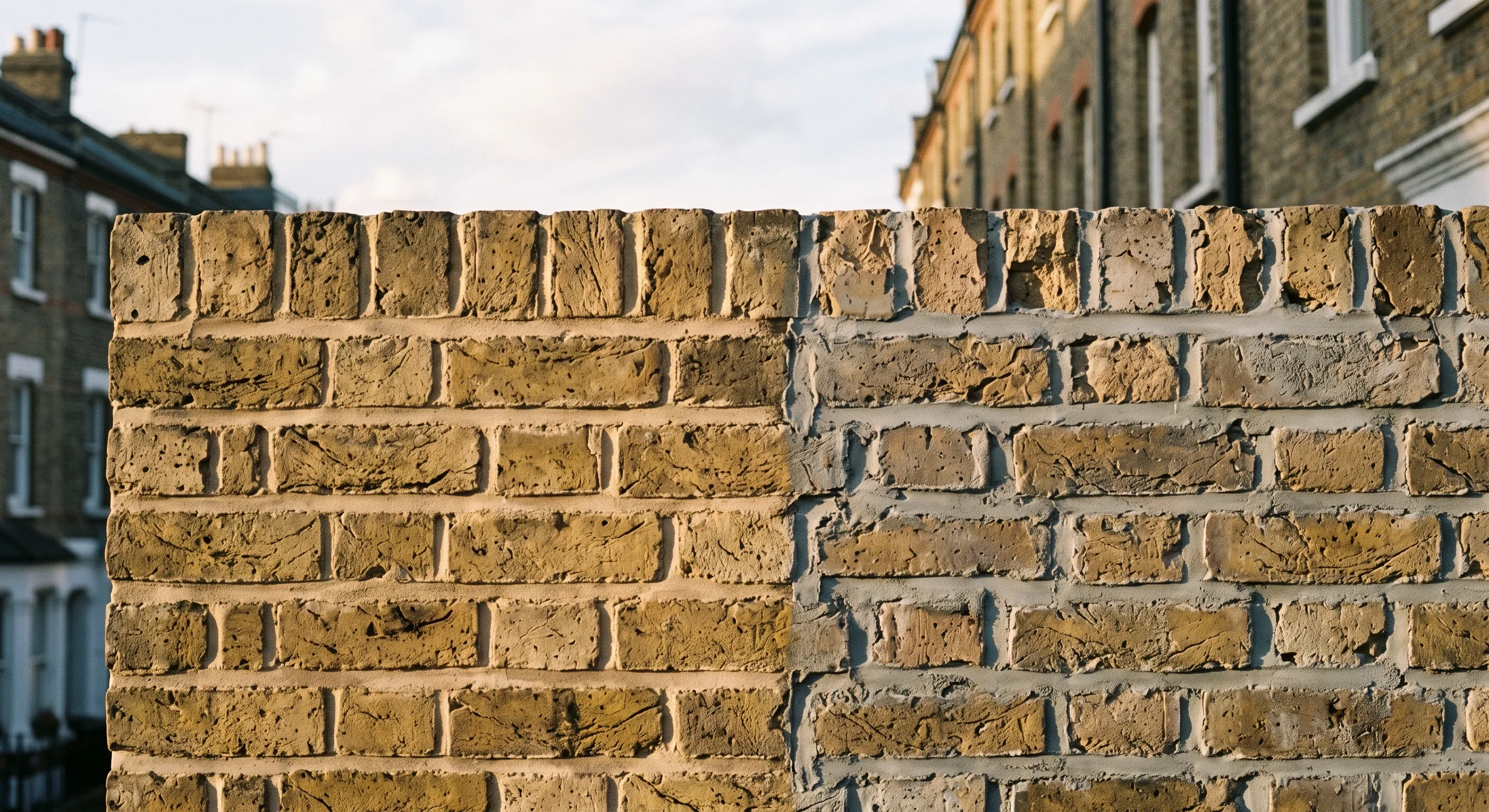 A brick wall where cleanly raked lime joints meet a proud grey cement repoint with spalled brick faces above it.