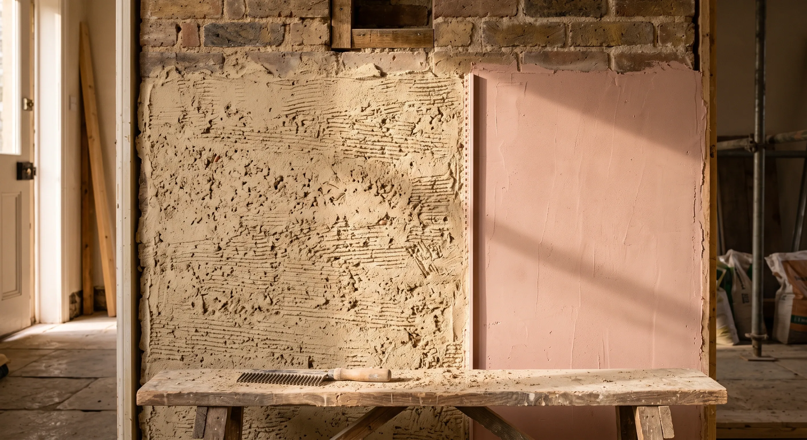 A solid brick wall with a hair-reinforced lime backing coat on the left meeting a pink gypsum browning patch on the right.