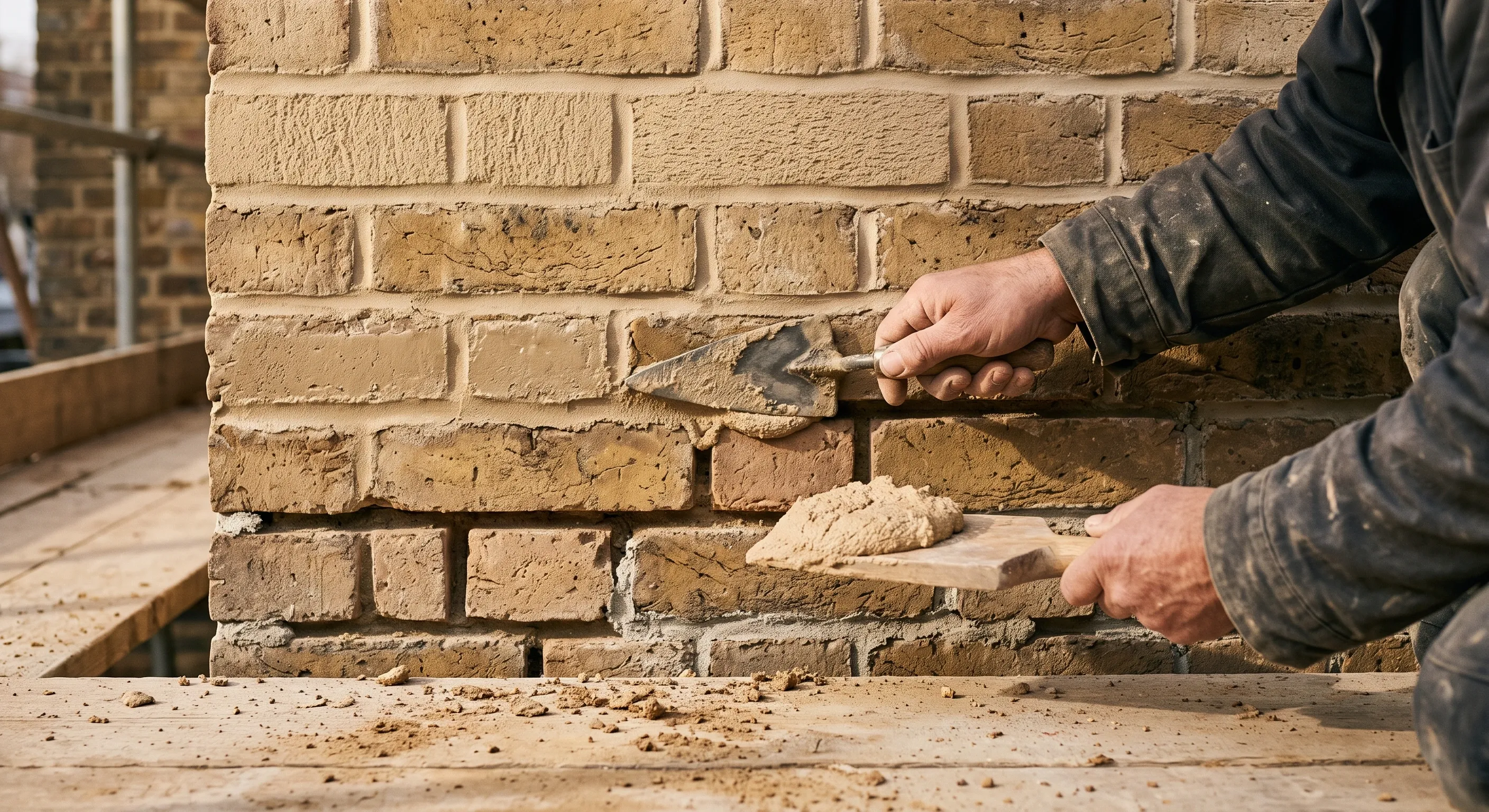 A pointing iron pressing fresh lime mortar into a raked-out bed joint on a Victorian brick wall, with open joints on the course below.