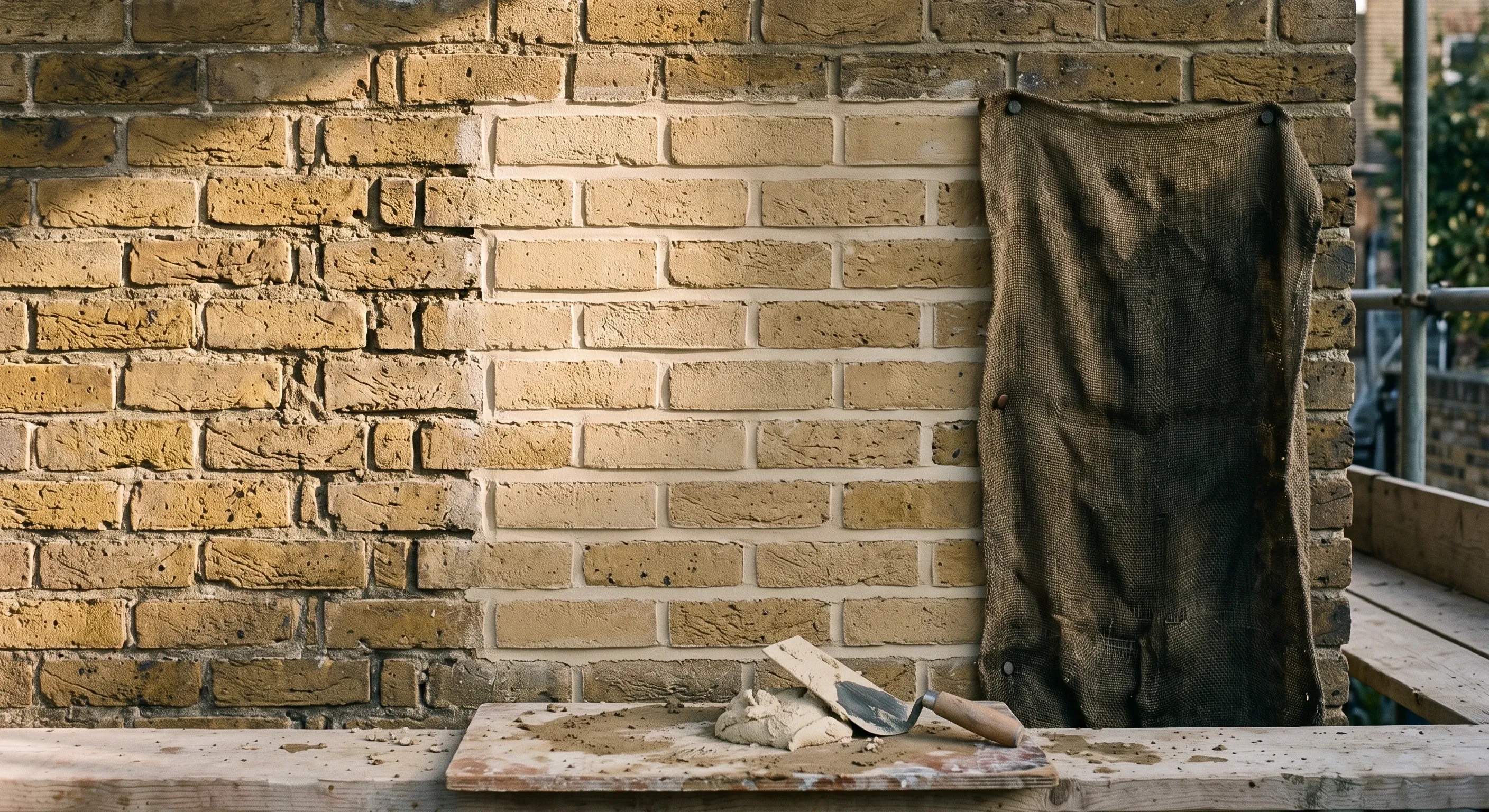 A lime mortar sample panel raked out and repointed on a section of London stock brick wall.