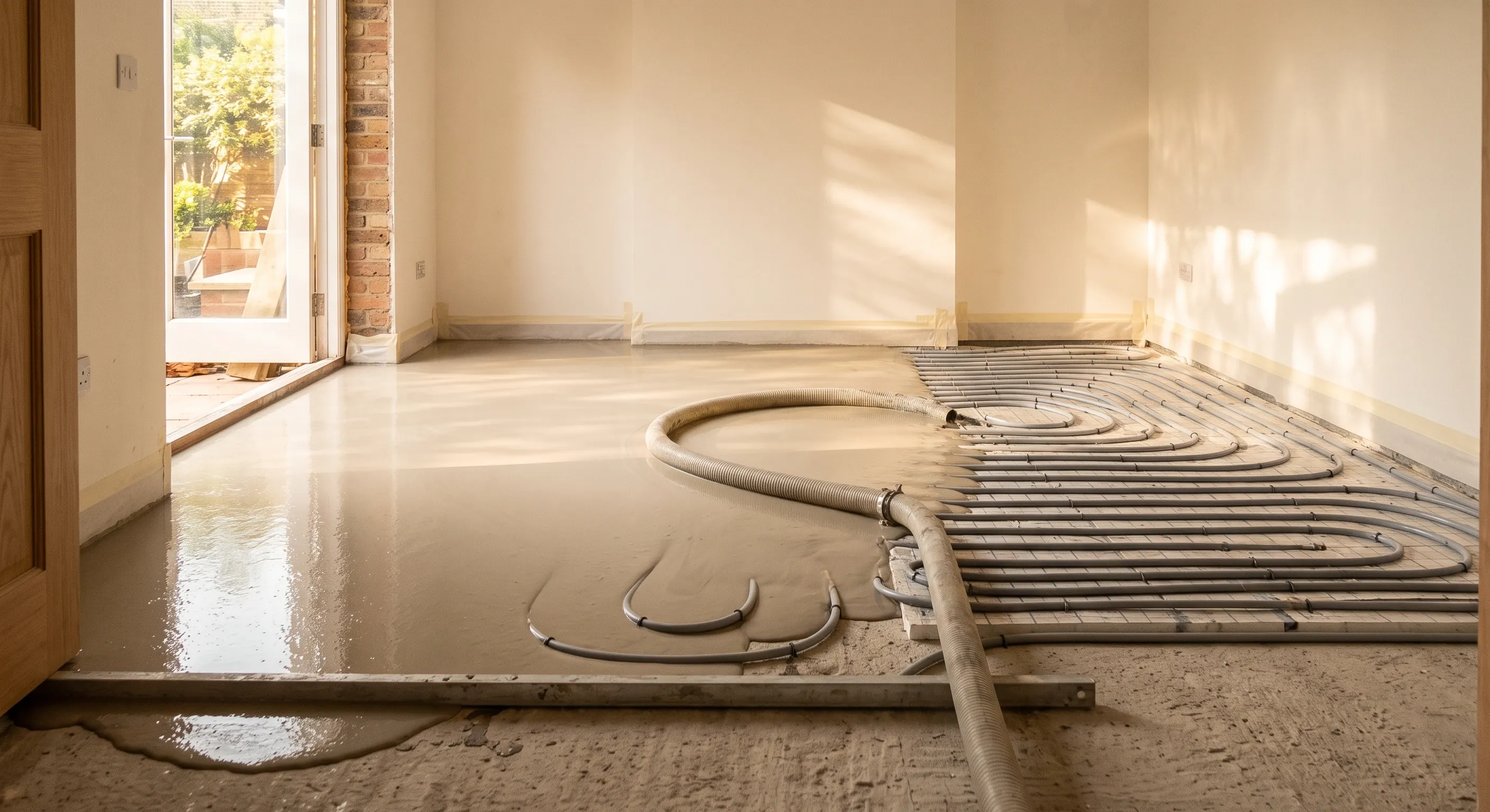 Liquid screed spreading across underfloor heating pipes on a ground floor, with pipe loops still exposed ahead of the pour.