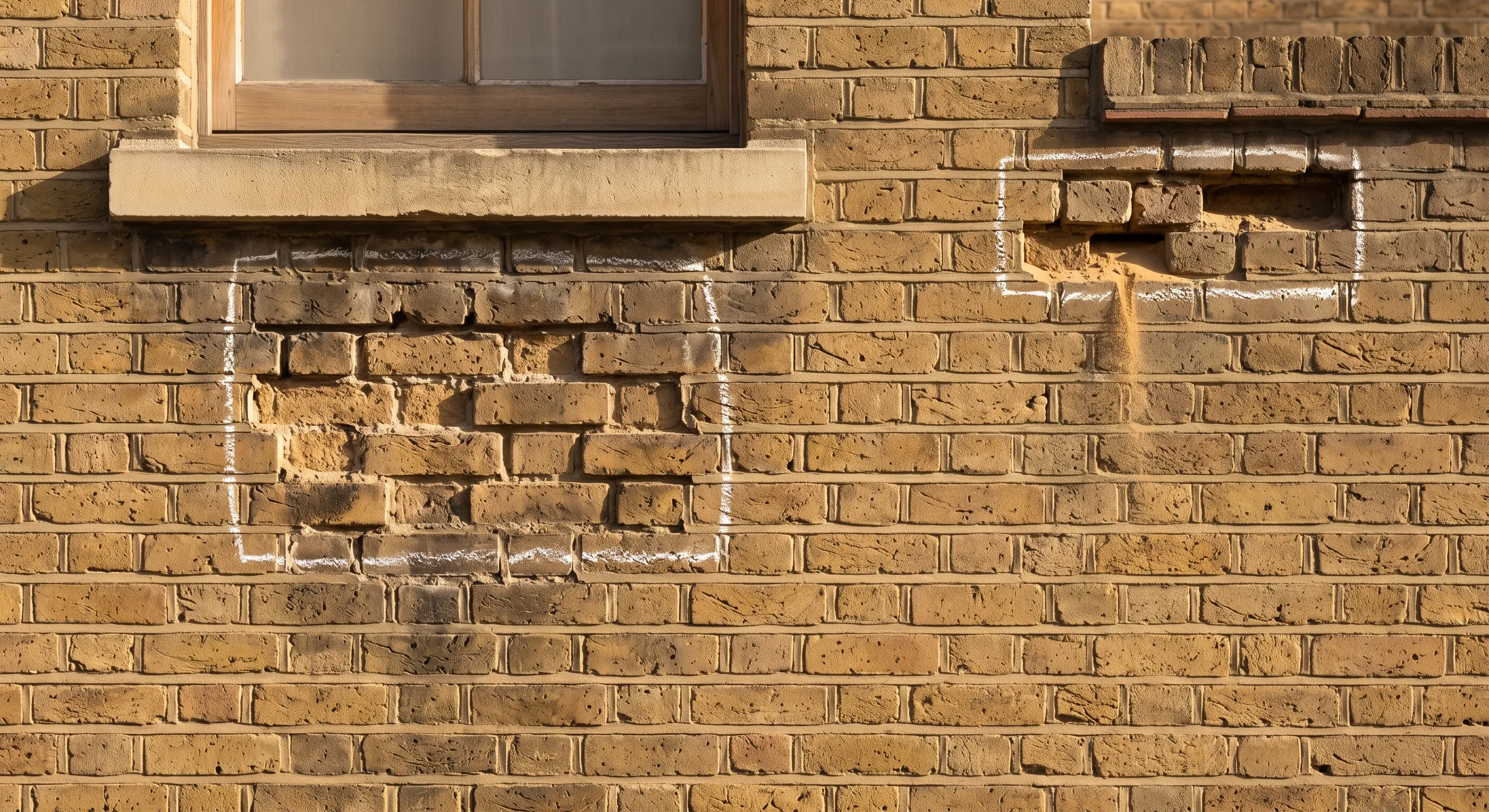 A brick elevation with mostly sound mortar and two chalk-marked patches of eroded pointing, one below a stone cill and one at a parapet.