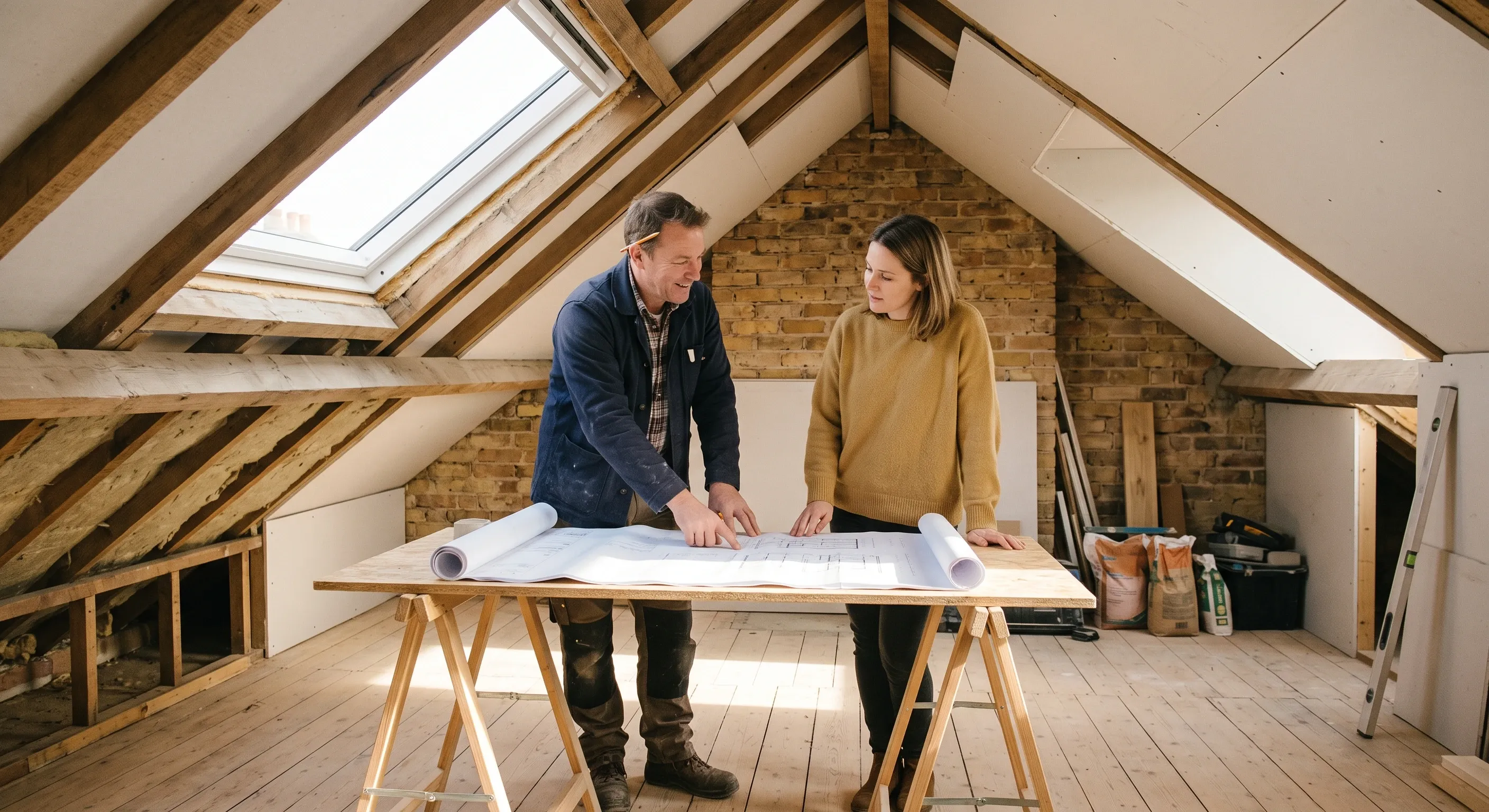 A builder and homeowner reviewing loft conversion drawings in a sunlit attic room.