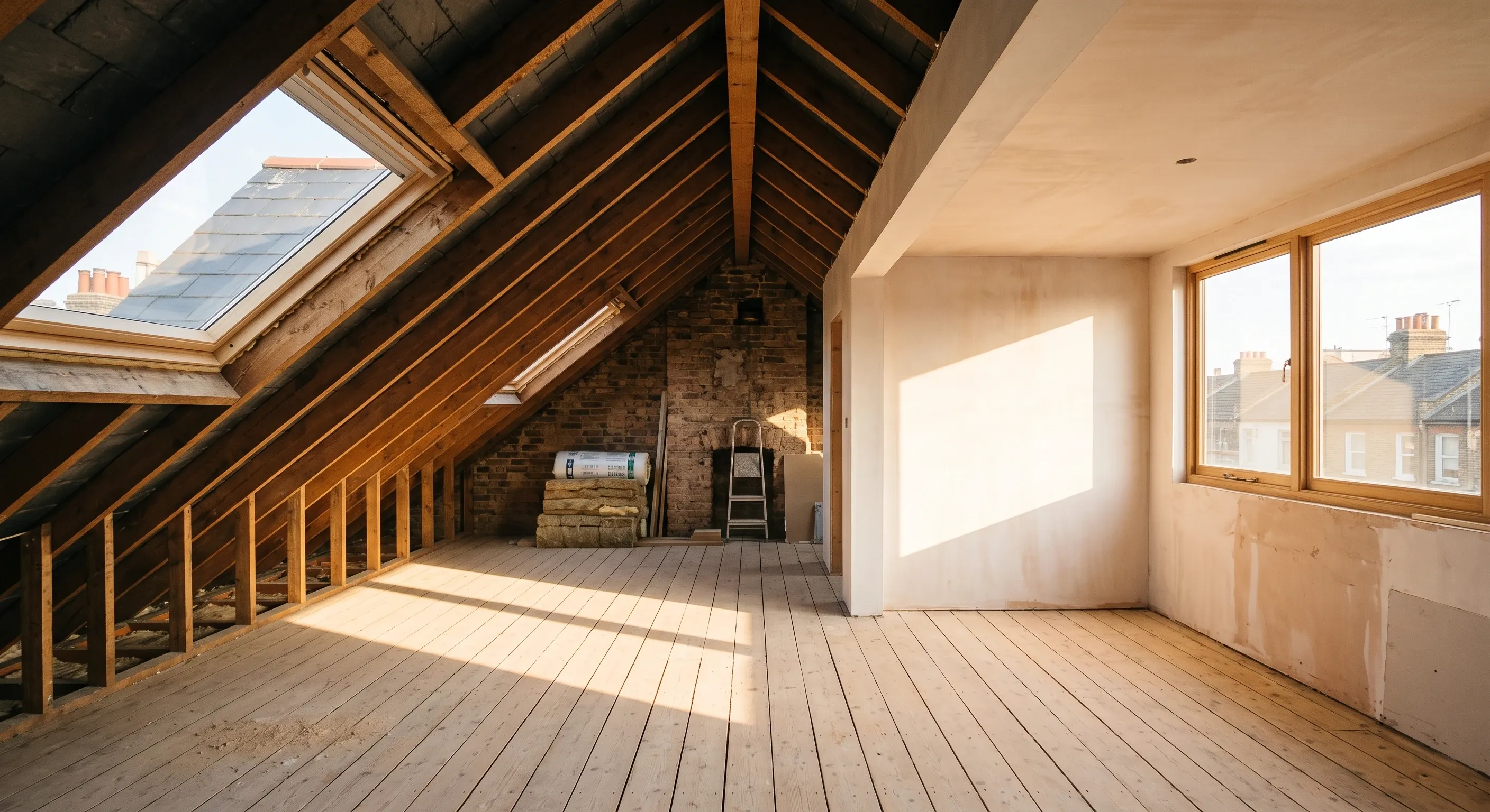 A loft room with both a rooflight in the roof slope and a flat-roofed dormer, showing the difference in headroom.