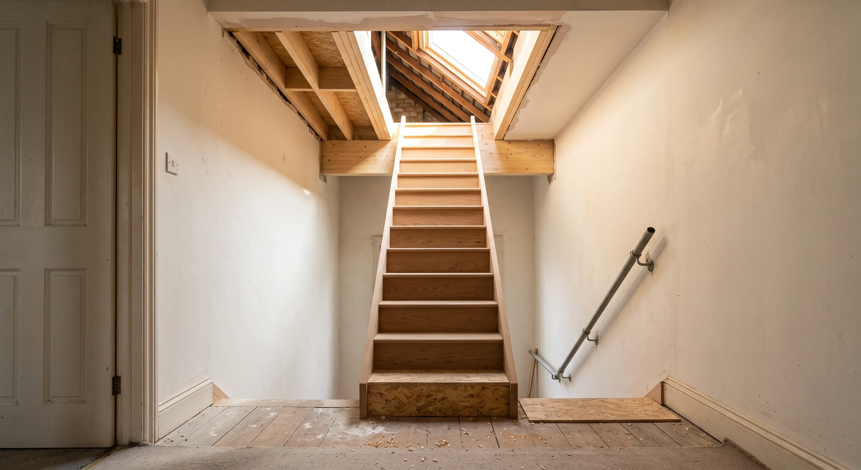 A new loft staircase rising from a terrace half landing through a freshly trimmed ceiling opening lit from a rooflight above.