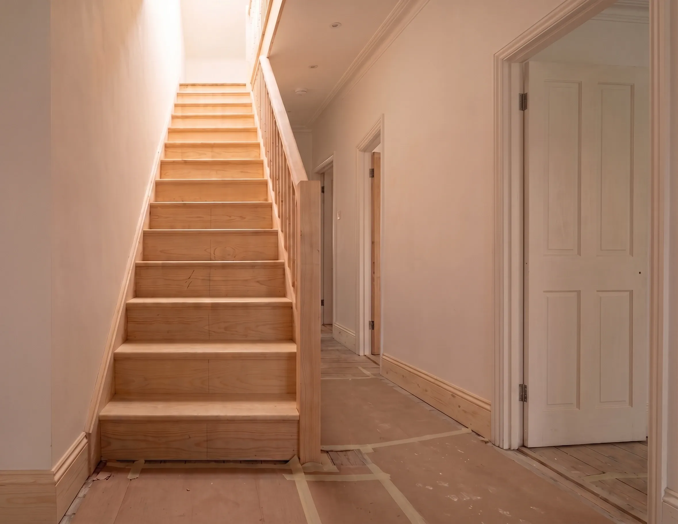 A part-built softwood staircase to a loft with treads fitted and no balustrade yet.