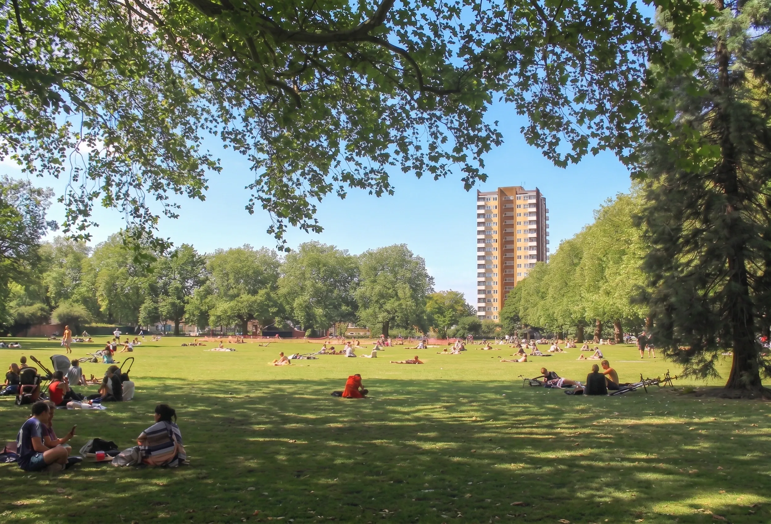 People sitting and sunbathing on the grass at London Fields in Hackney, framed by plane trees, with a tower block rising above the treeline.