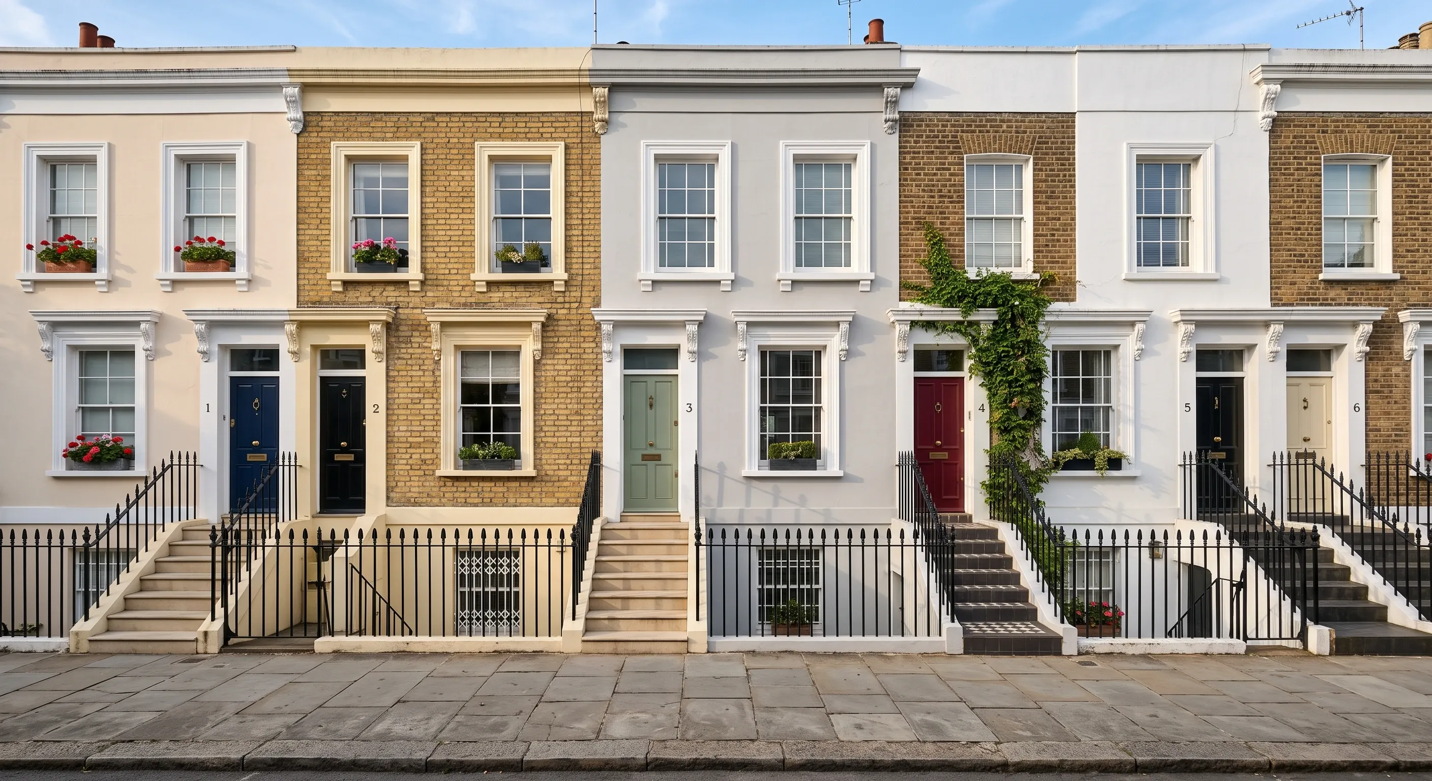 A row of London terrace frontages with cast iron railings and front lightwells at pavement level.