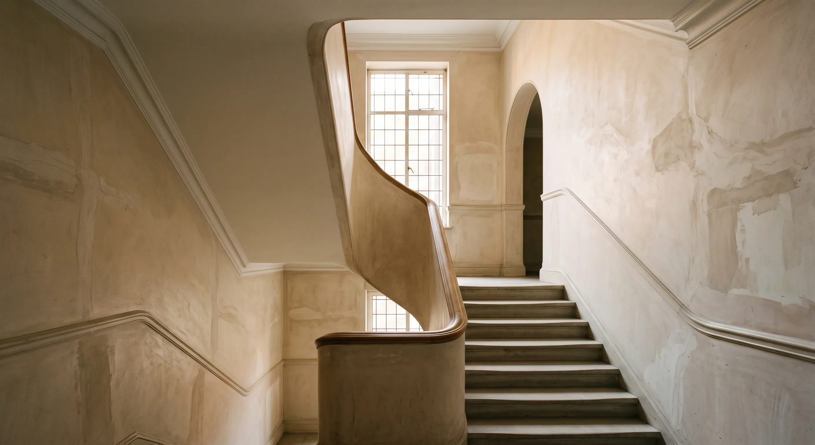 A mansion block communal stair with plastered balustrade, run cornice, moulded landing arch and made good crack repairs lit by a tall stair window.