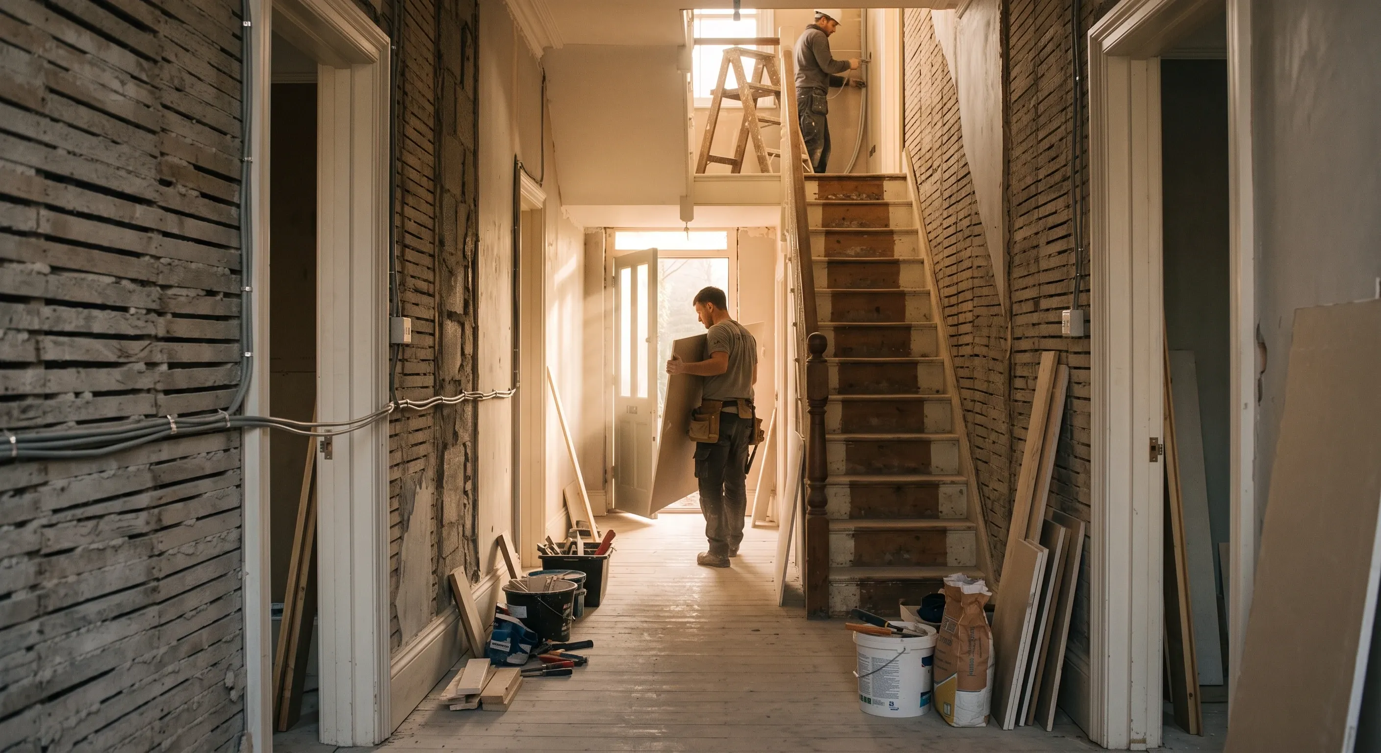A whole-house renovation with several trades working across two floors.