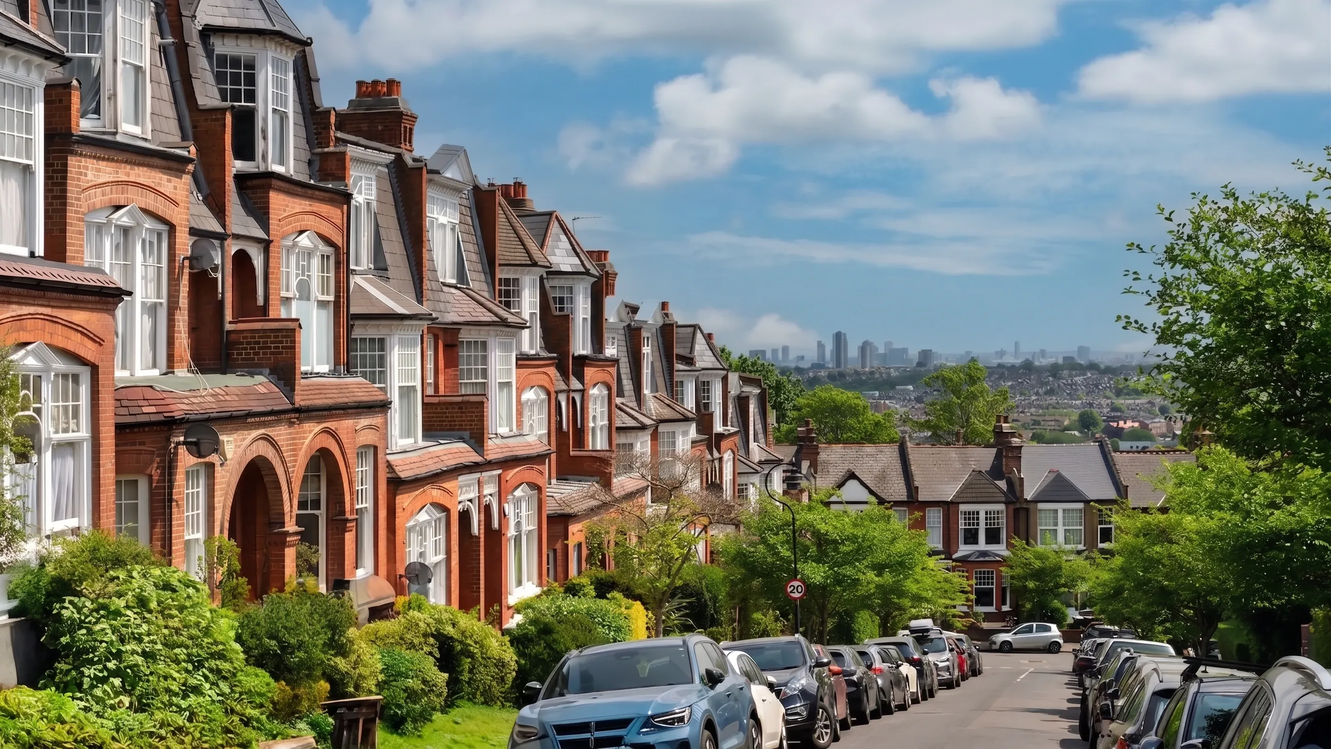 A hillside street of red brick Edwardian terraces in Muswell Hill, with bay windows and dormers, looking out over rooftops towards the London skyline.