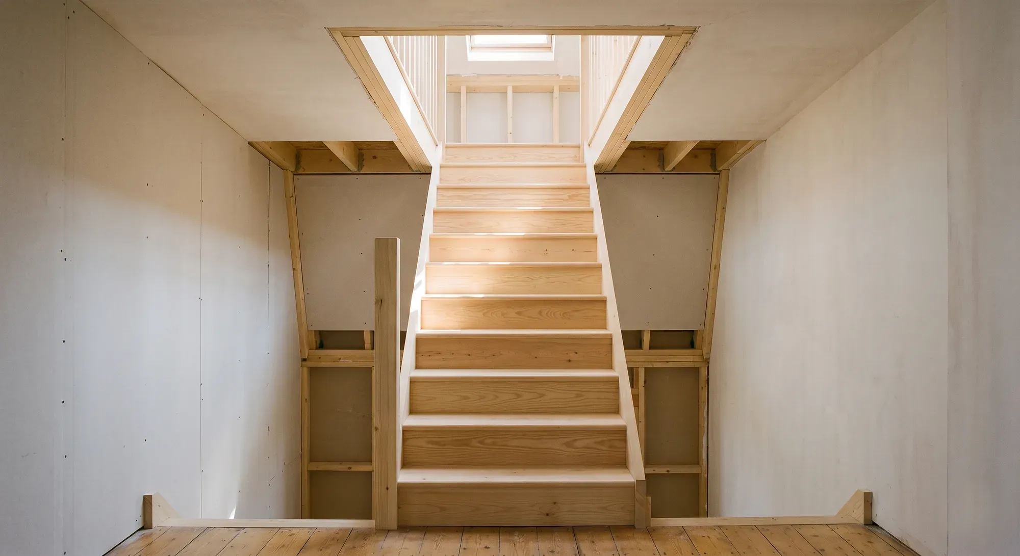 A new softwood staircase under construction rising through a newly formed floor opening to a loft