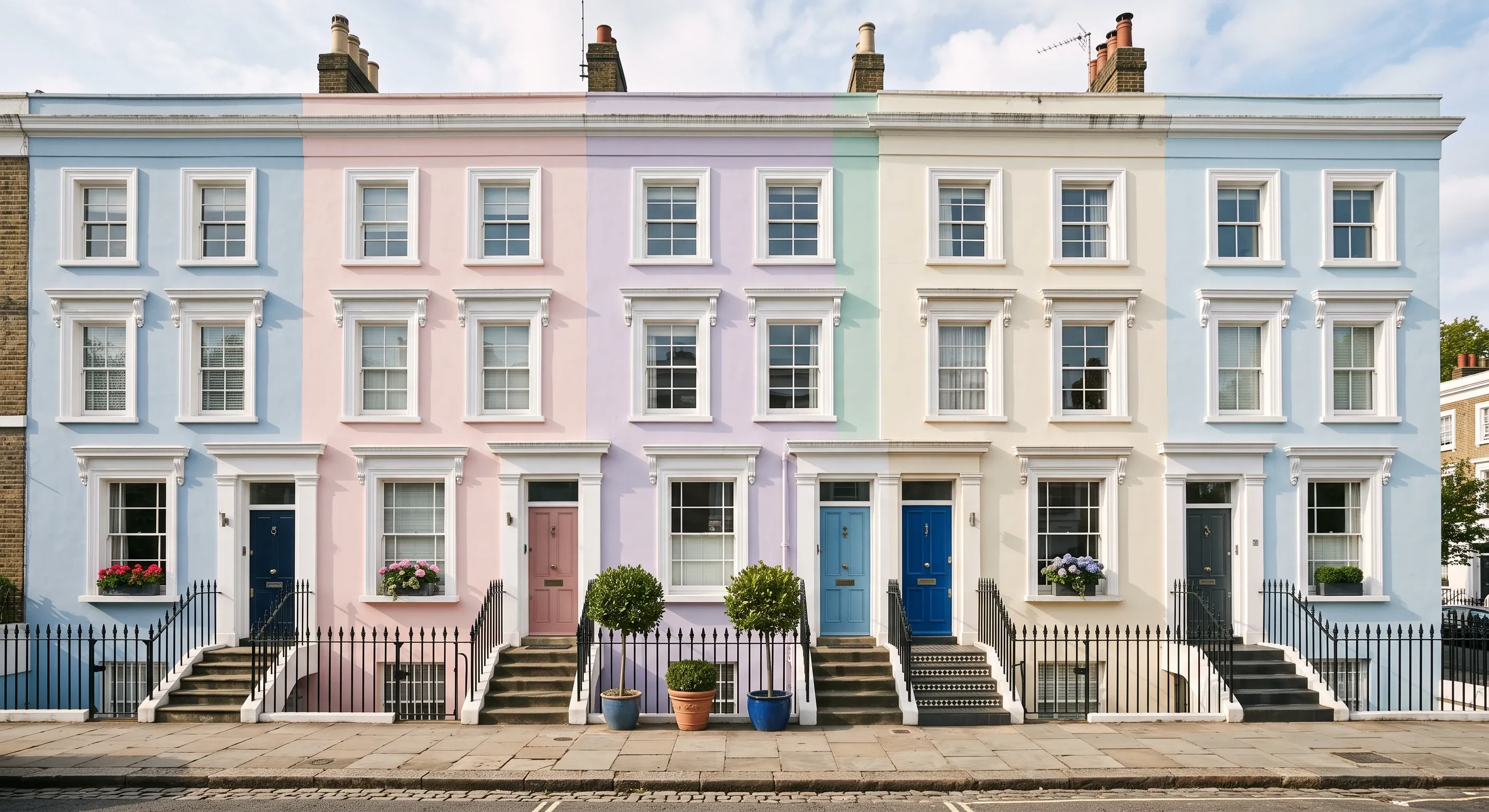 A row of pastel-painted stucco townhouses on a Notting Hill street.