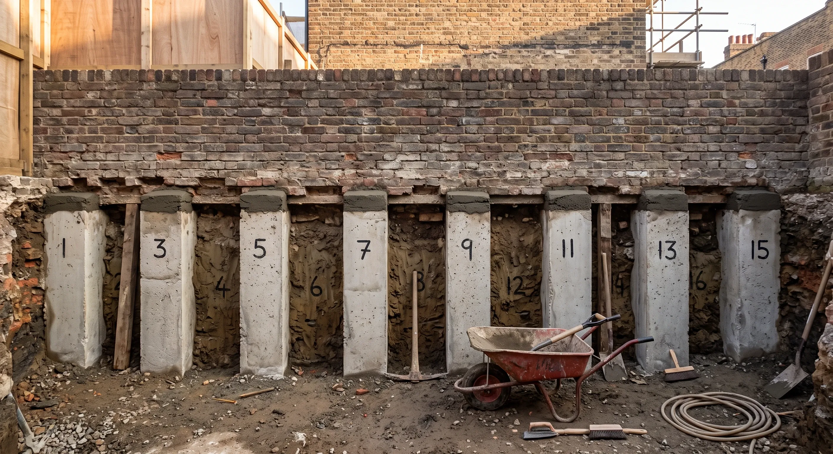 Numbered concrete underpinning pins cast in a hit-and-miss sequence along a terrace wall.
