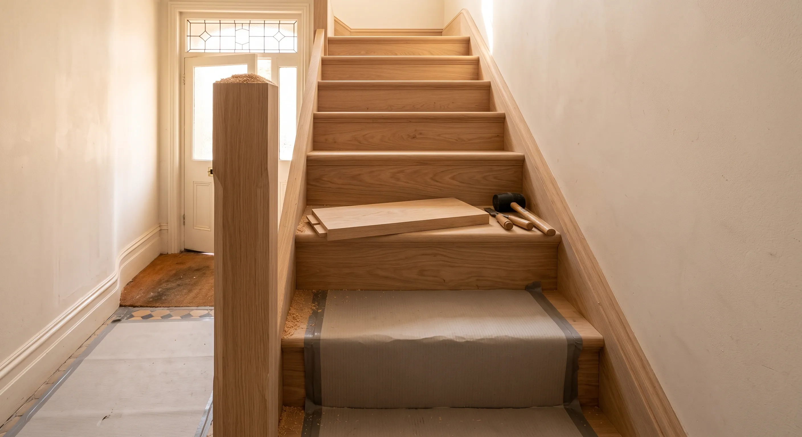 A part-assembled oak staircase in a terrace hallway with treads wedged into the string housings and one loose tread waiting to be fitted.