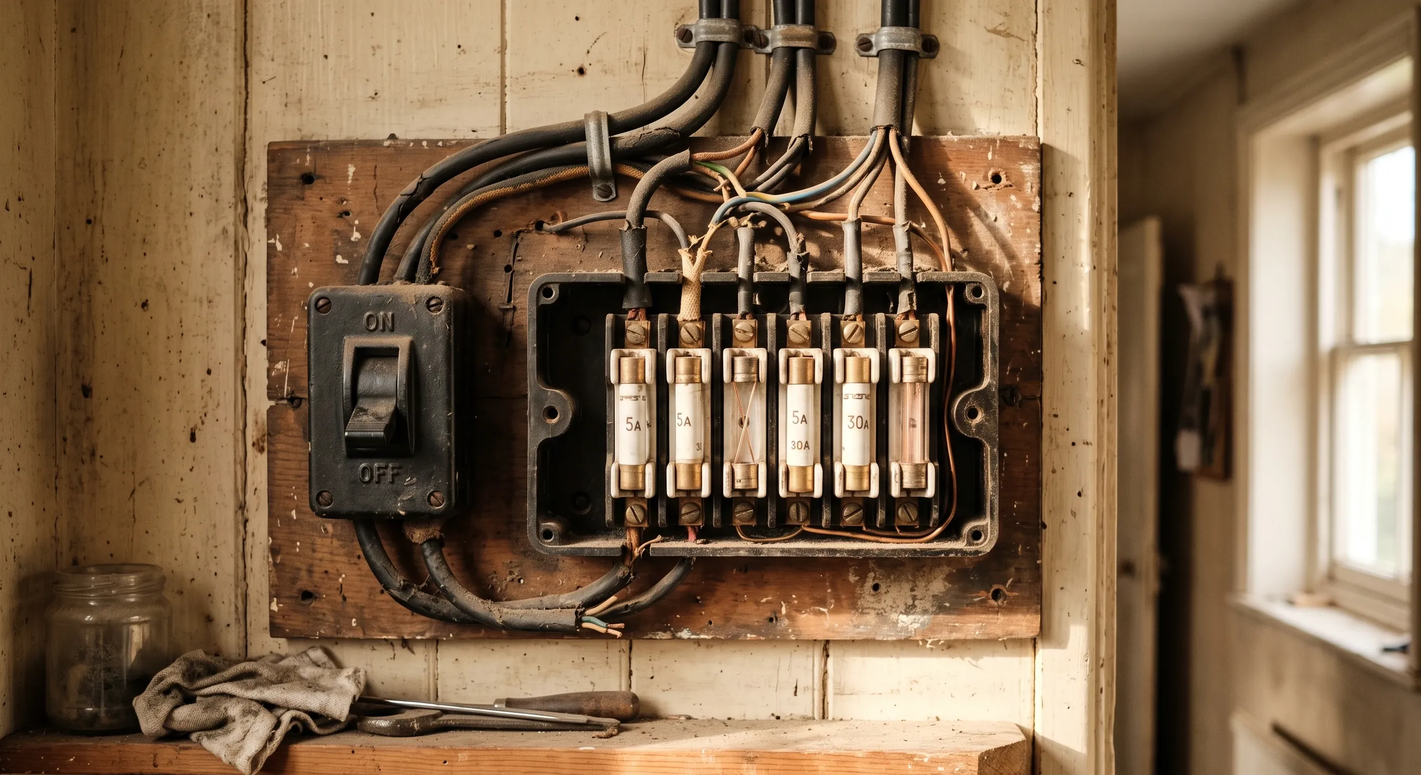  An old rewirable fuse box with its cover off, showing porcelain fuse carriers and perished rubber-sheathed cable.