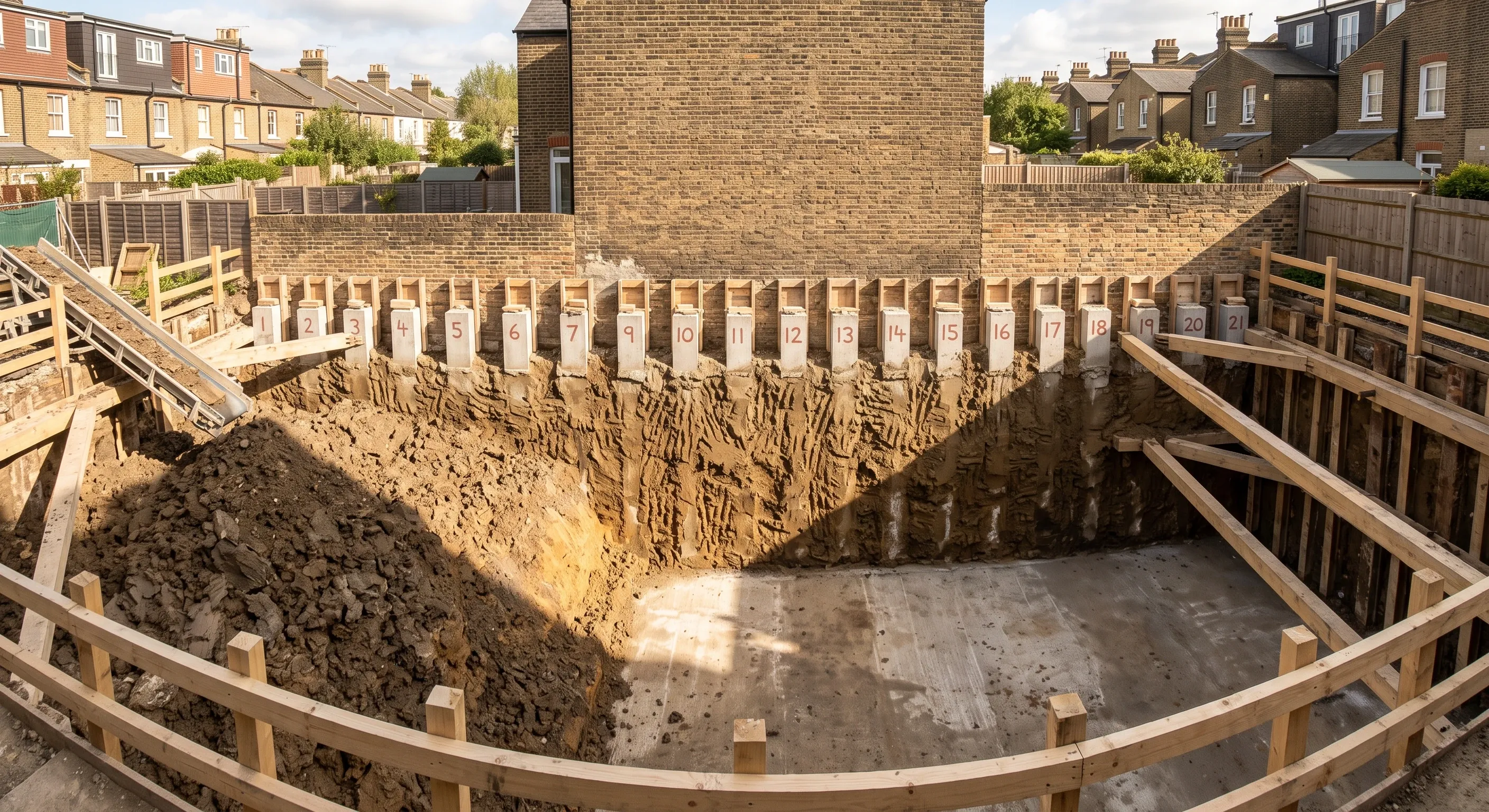 An open basement excavation seen from above, with concrete underpinning pins cast in sequence.