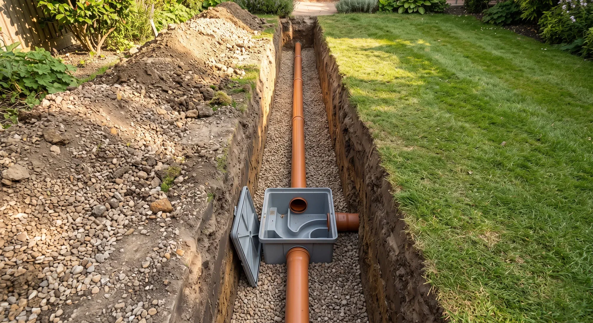 An open drainage trench with new pipework and an inspection chamber, before backfilling