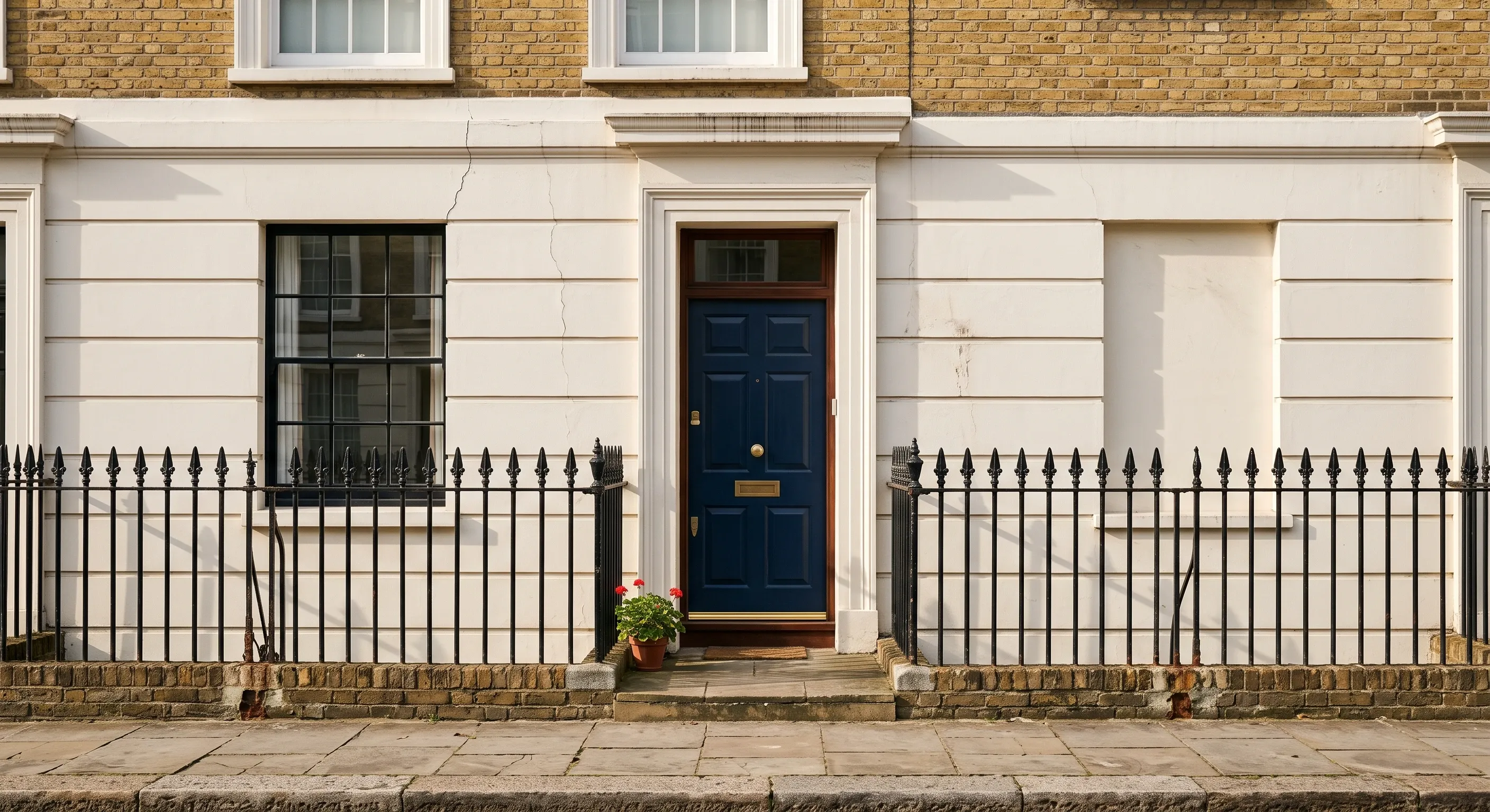 The painted stucco ground floor of a London terrace with cast iron railings and a panelled front door.