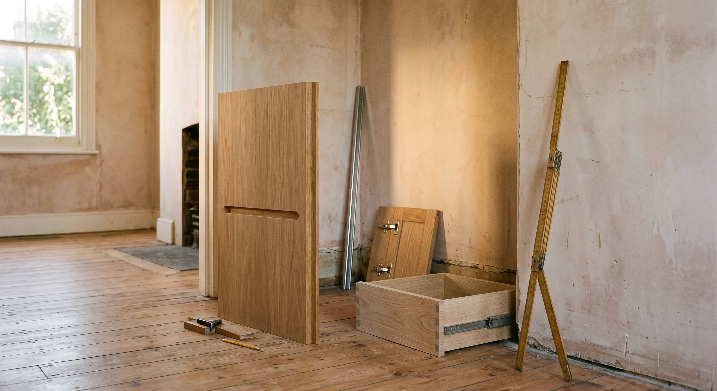 A machined panel offcut, drawer box sample, hanging rail and hinged door offcut sit in a chimney breast alcove with a folding rule against an out of square reveal.