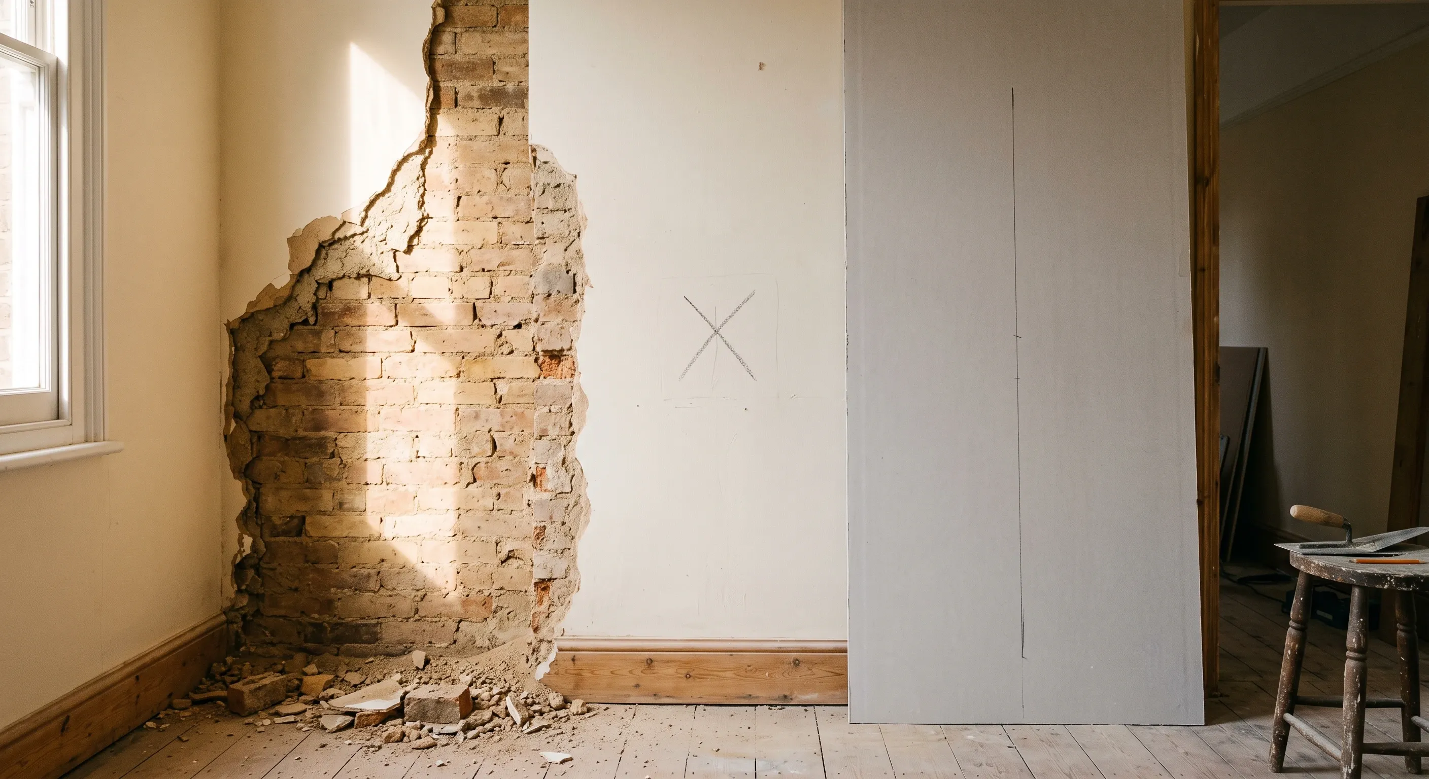 One terrace wall with plaster hacked back to brick on one side, sound plaster chalk-marked in the middle and a plasterboard sheet leaning at the right.