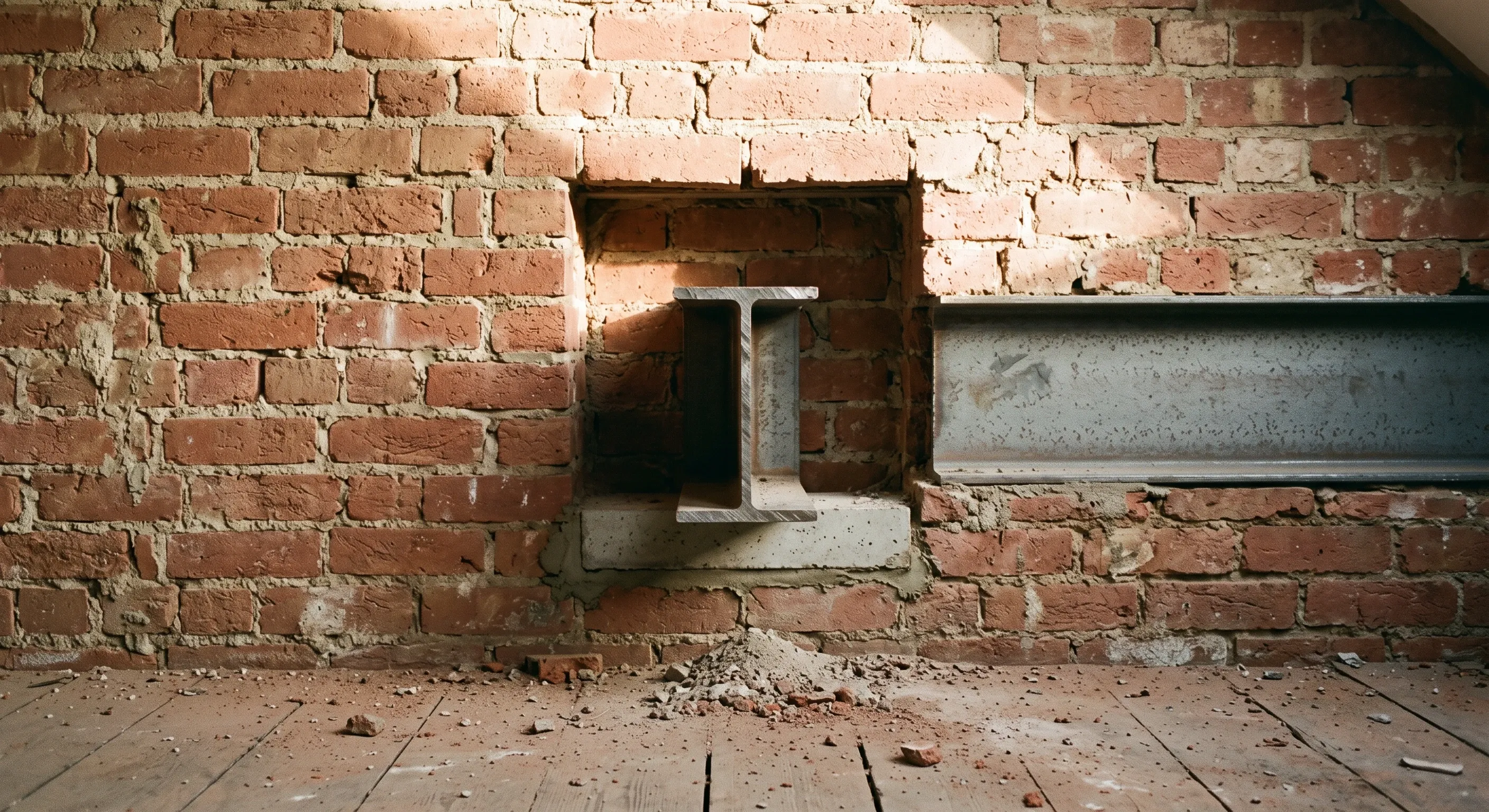 A steel beam end bearing on a padstone in a pocket cut into an exposed party wall.