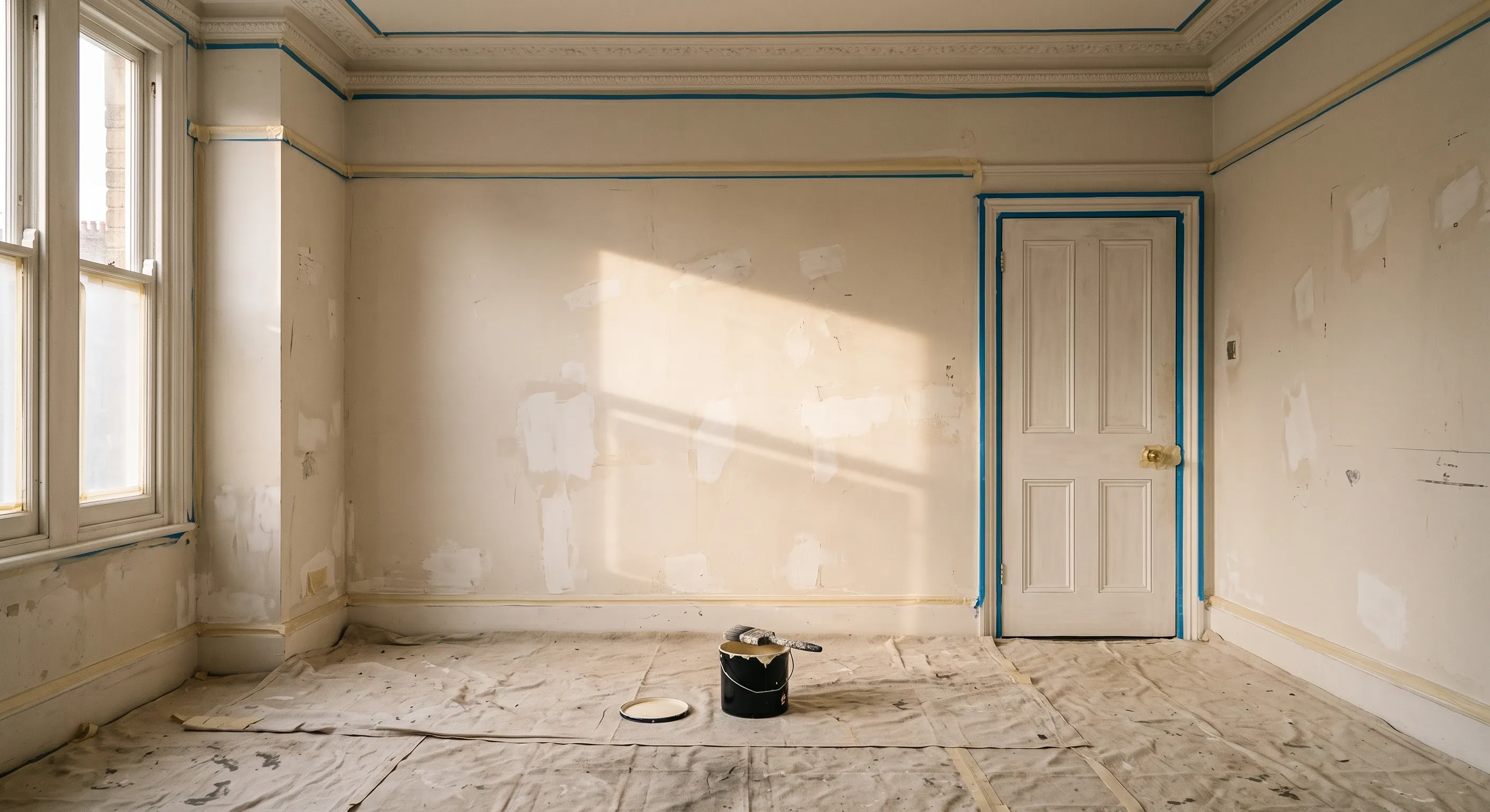 A period room prepared for decorating, with cornice, picture rail and a panelled door masked and filled.