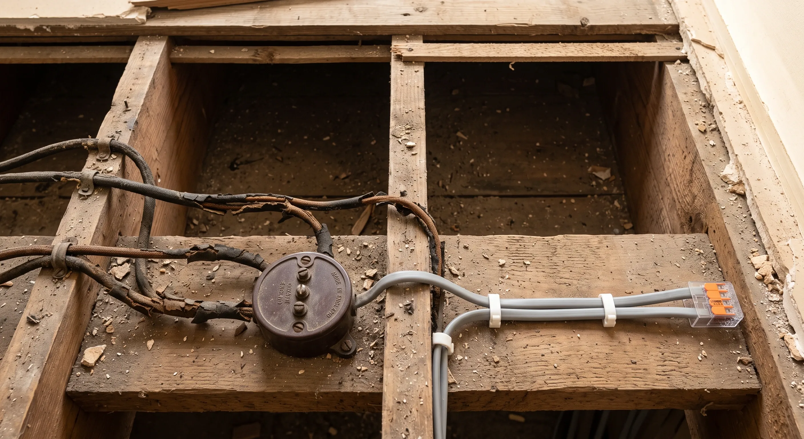Perished rubber-insulated cable and an old junction box on a joist beside a neatly clipped run of new grey twin-and-earth.