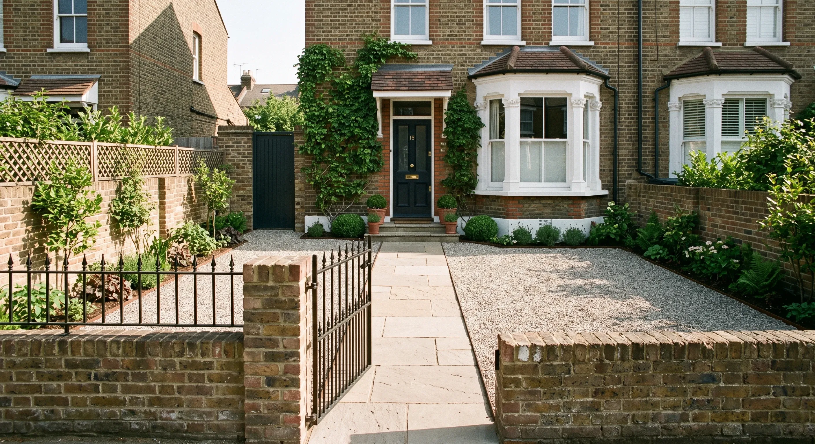 A front garden laid in permeable gravel with a stone path, bounded by a low brick wall.