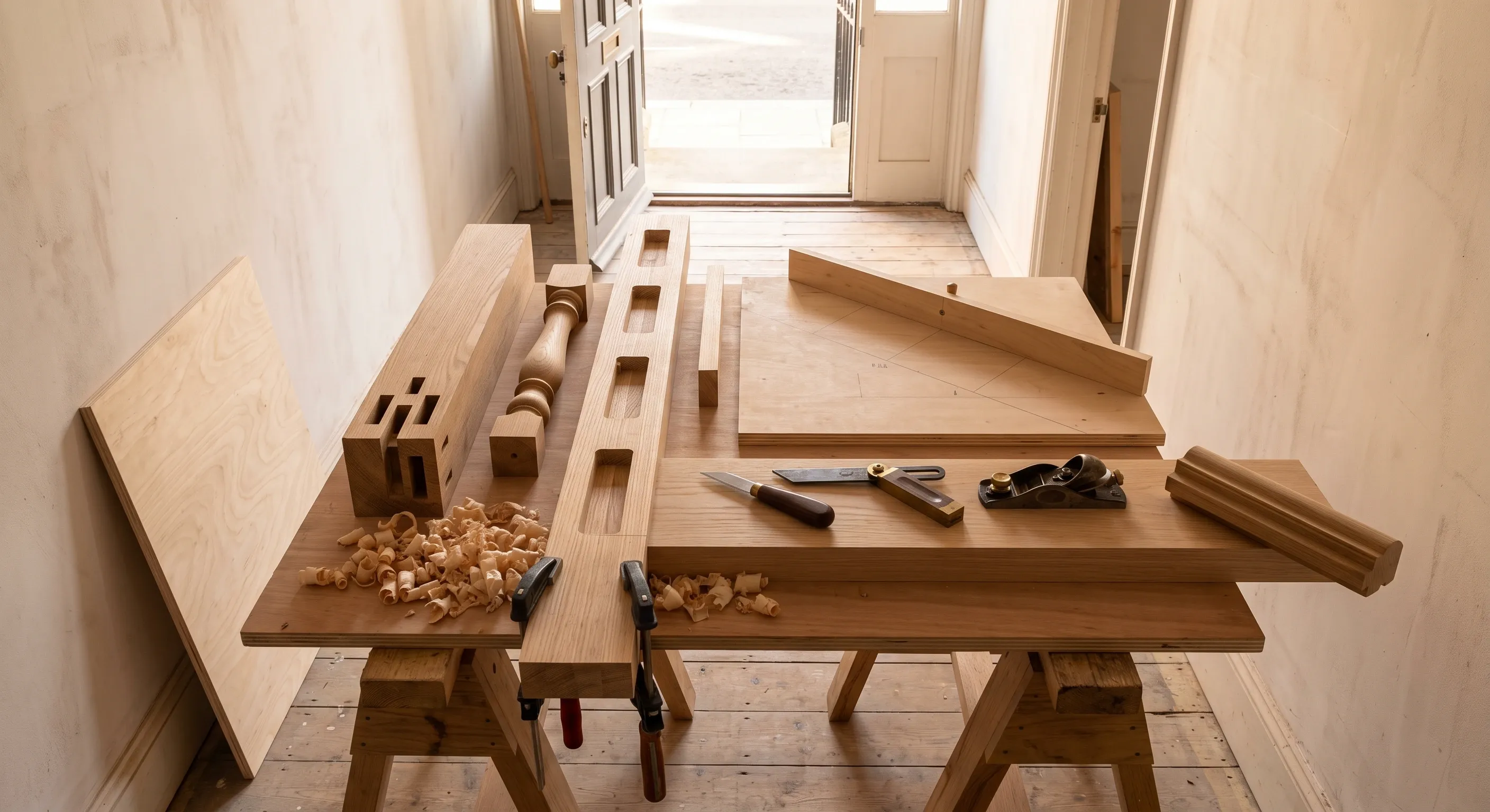 A stair string blank with routed housings is clamped on trestles beside a pitch board, baluster spacer, newel section, handrail offcut and hand tools.