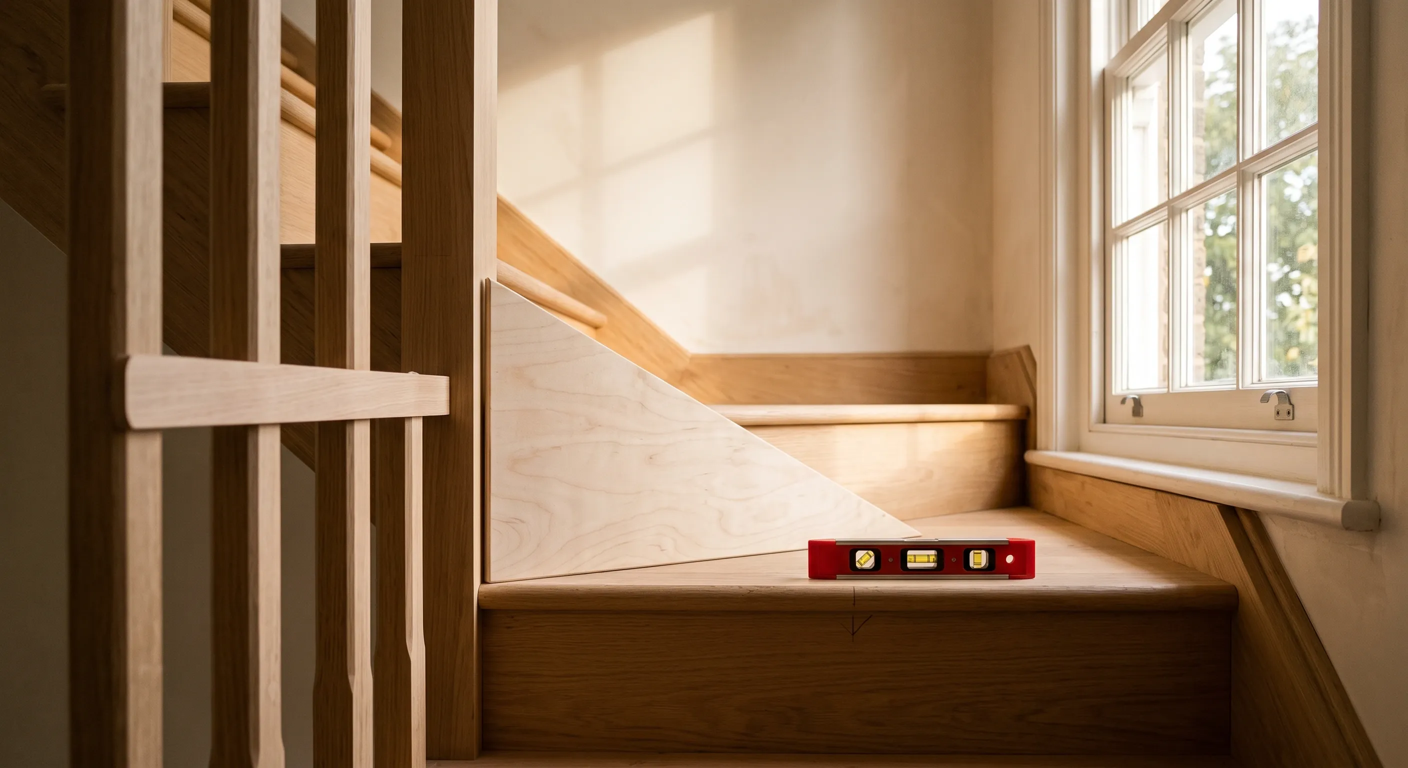 A plywood pitch board held into the corner of a riser and tread on a new flight, with a spacer block between two balusters.