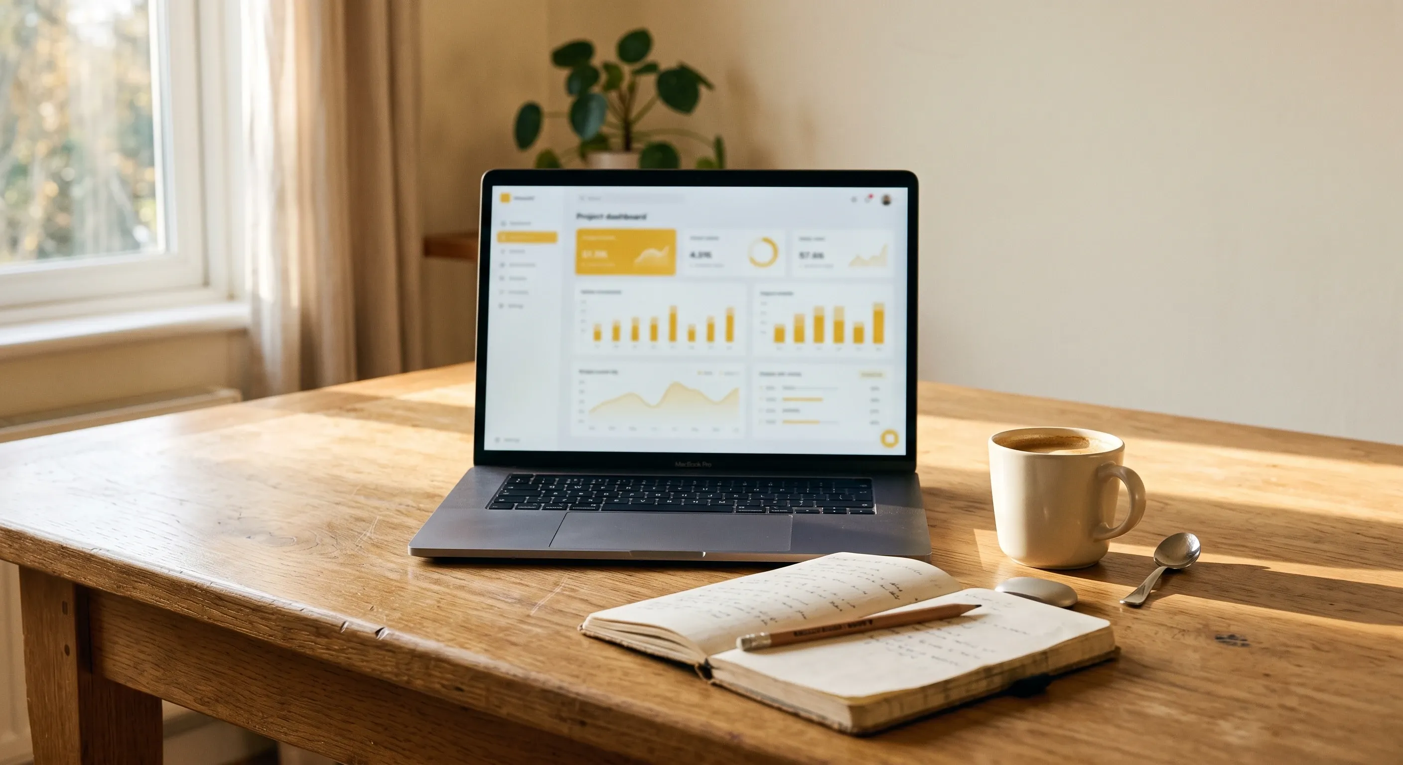 A planner's desk with a laptop open to a project dashboard.