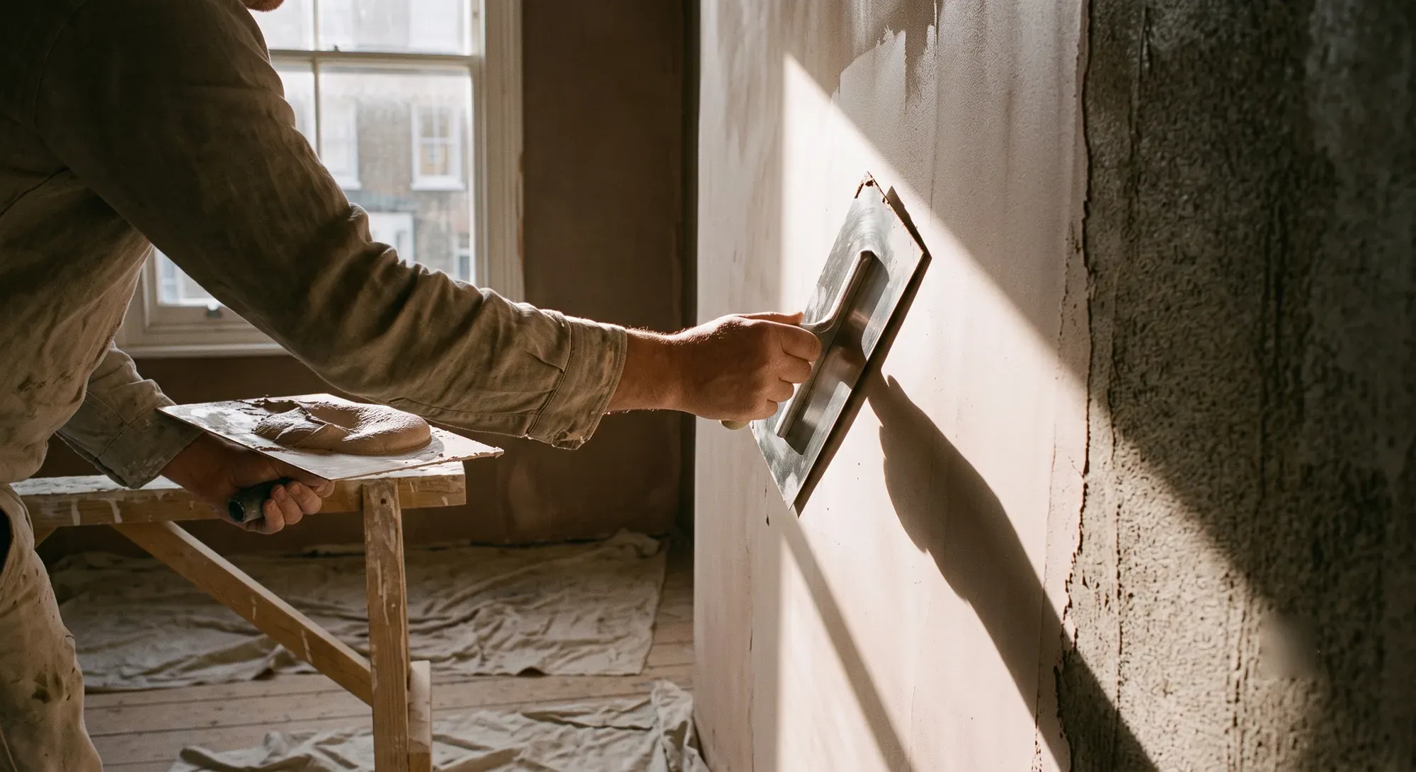 A plasterer skimming a wall with a steel trowel, half the wall freshly skimmed