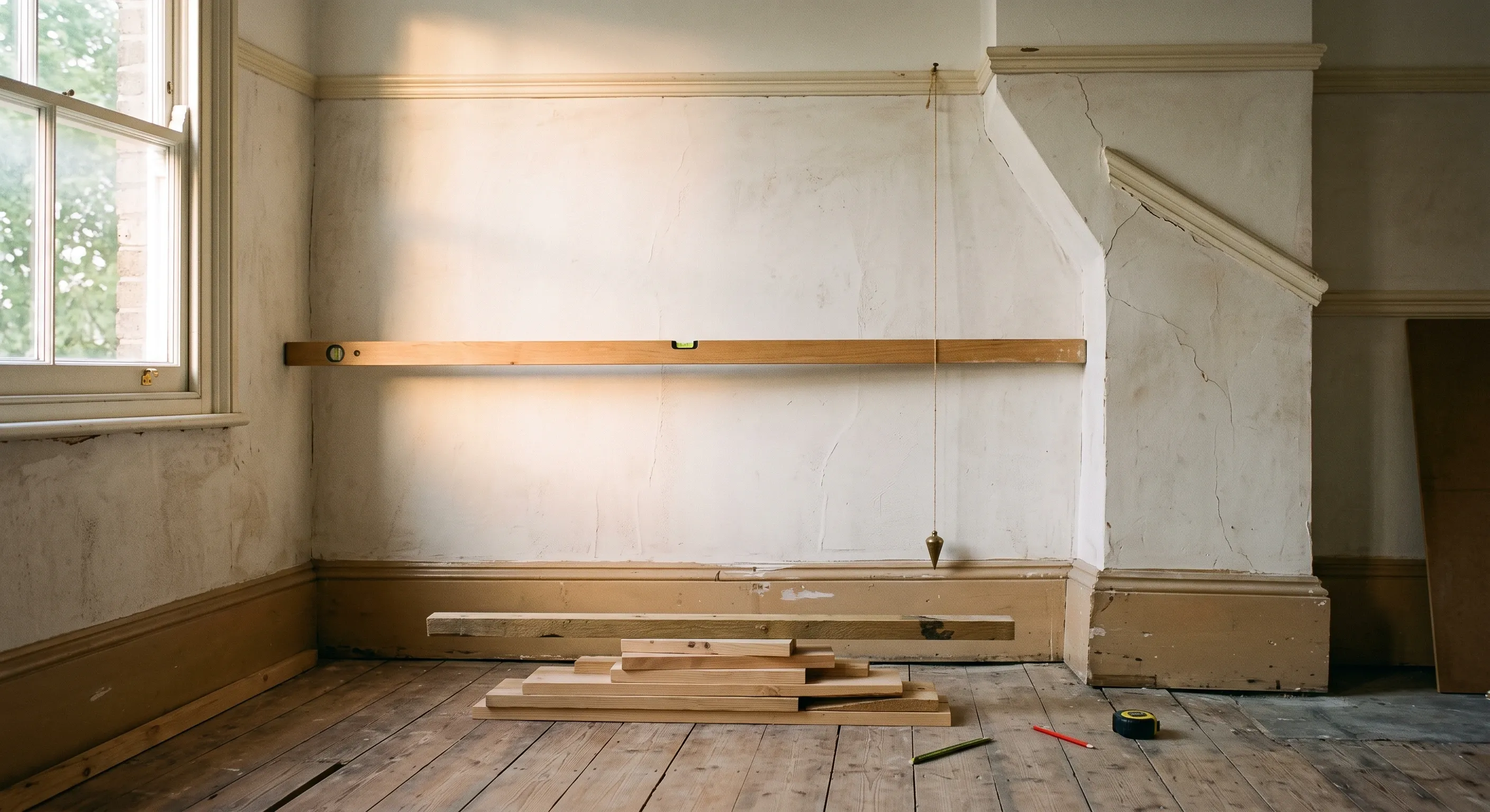 A plumb line and spirit level held against a bowed plaster bedroom wall, with tapered timber packers taking up a sloping floor.