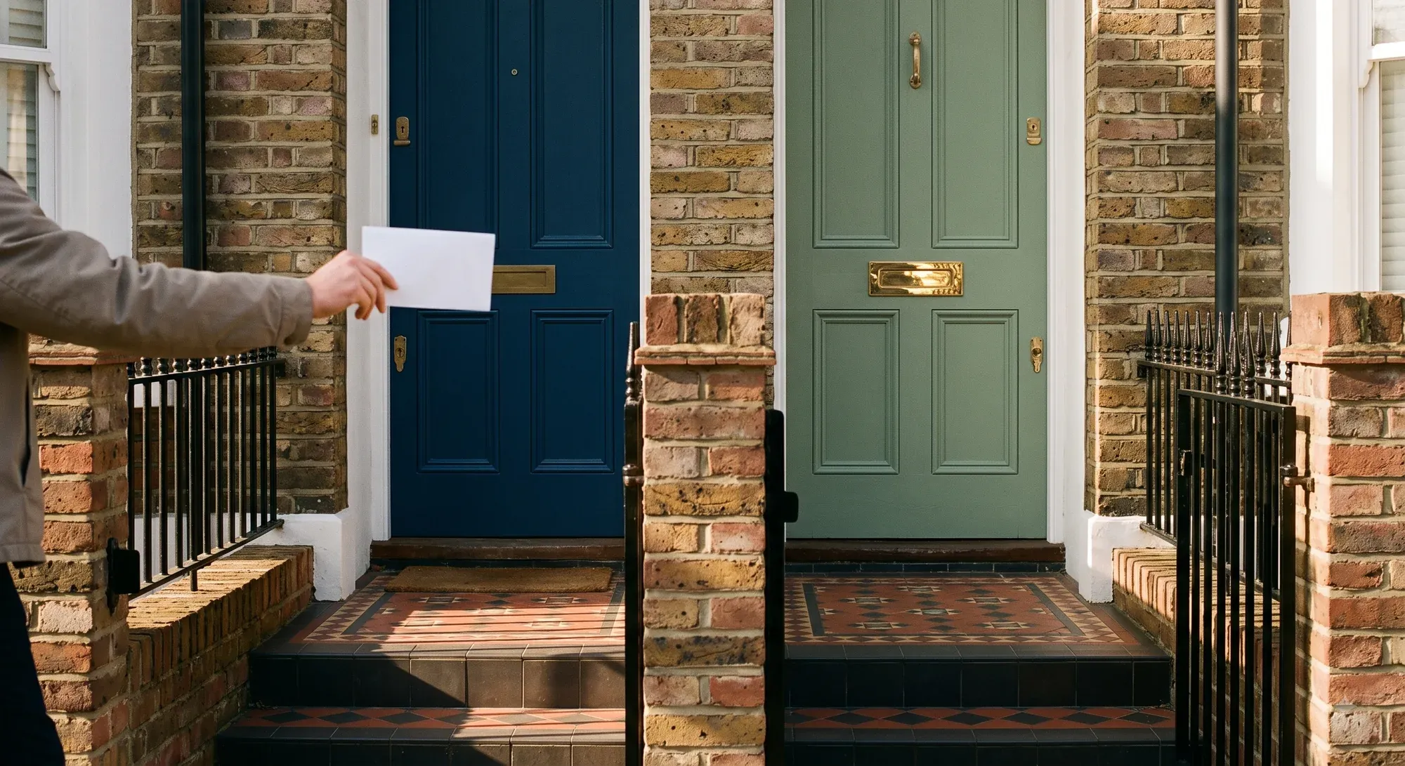 A hand posting a plain envelope through the letterbox of one of two adjoining front doors on a London terrace