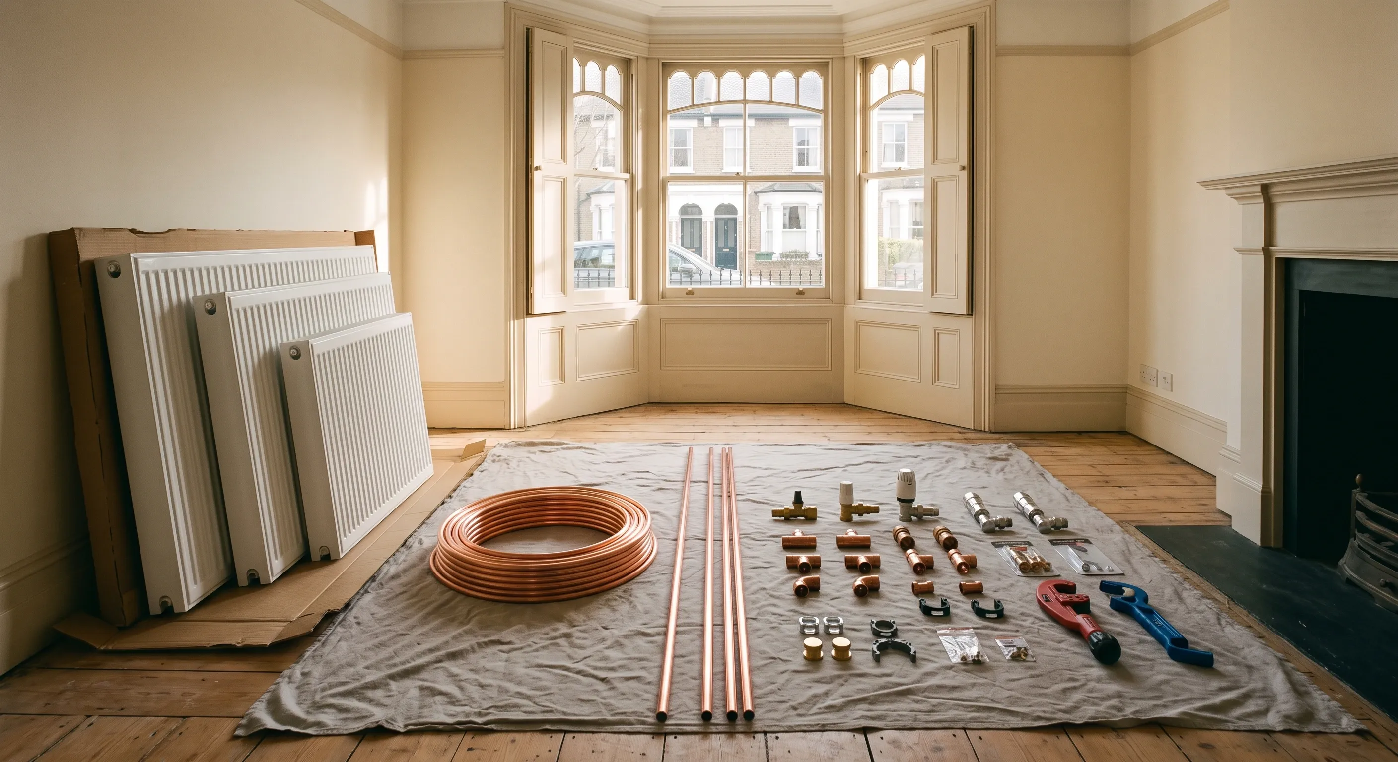 Radiators stacked on edge with lengths of copper pipe, valves and fittings set out in rows on a dust sheet.