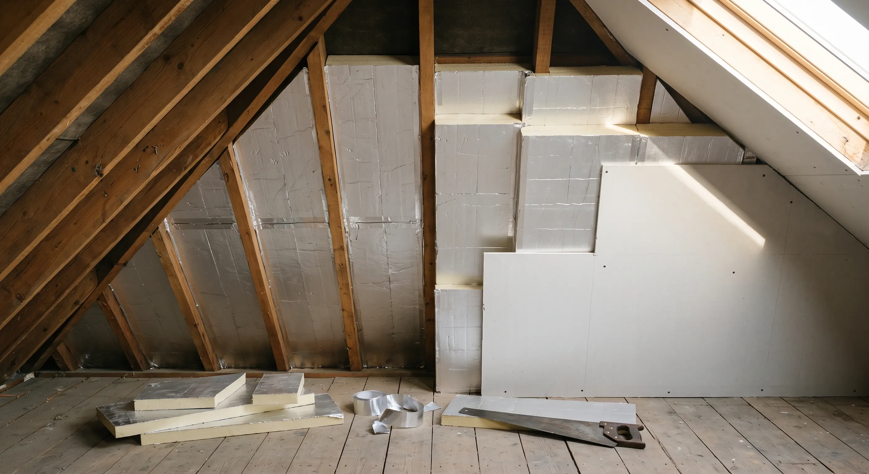A stepped reveal in a loft roof slope showing rafters, insulation between and over, and plasterboard.