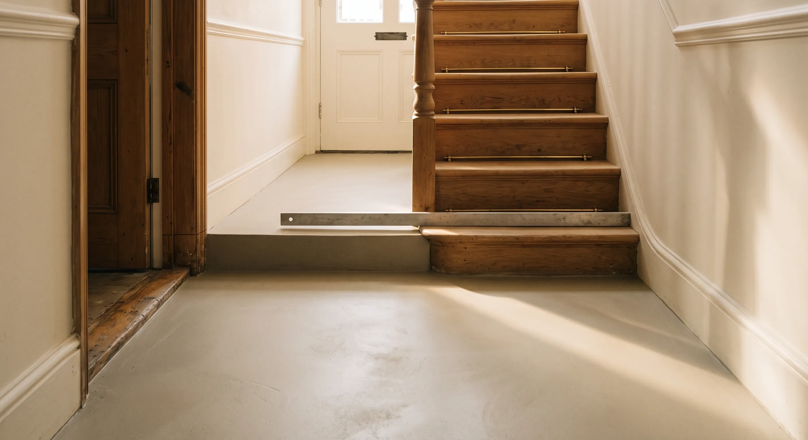 A raised heated floor build-up butting into the bottom stair step so the first riser is visibly shorter, with a part-buried door threshold alongside.